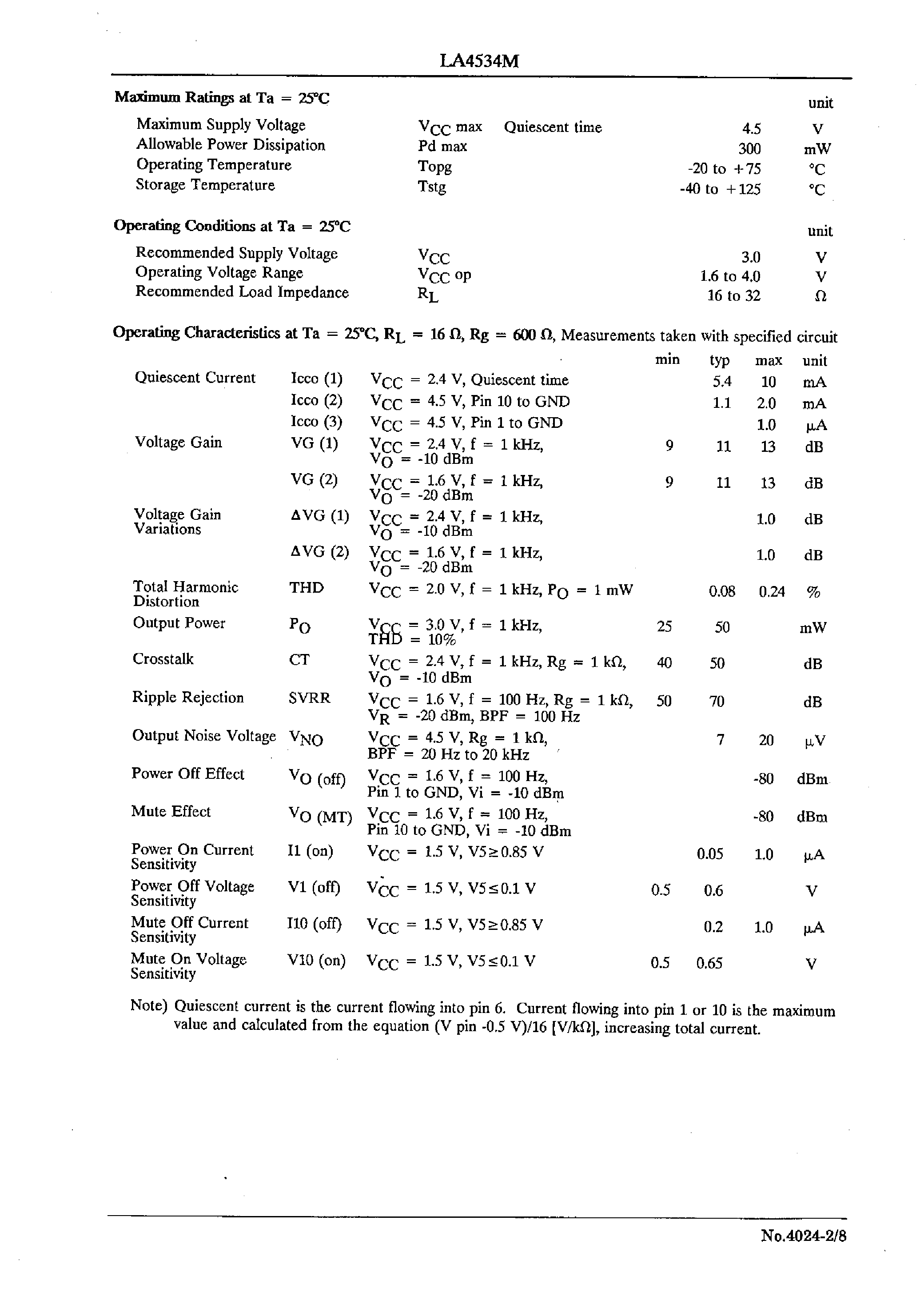 Даташит LA4534M - 3V CD Headphone-stereo Power Amp страница 2