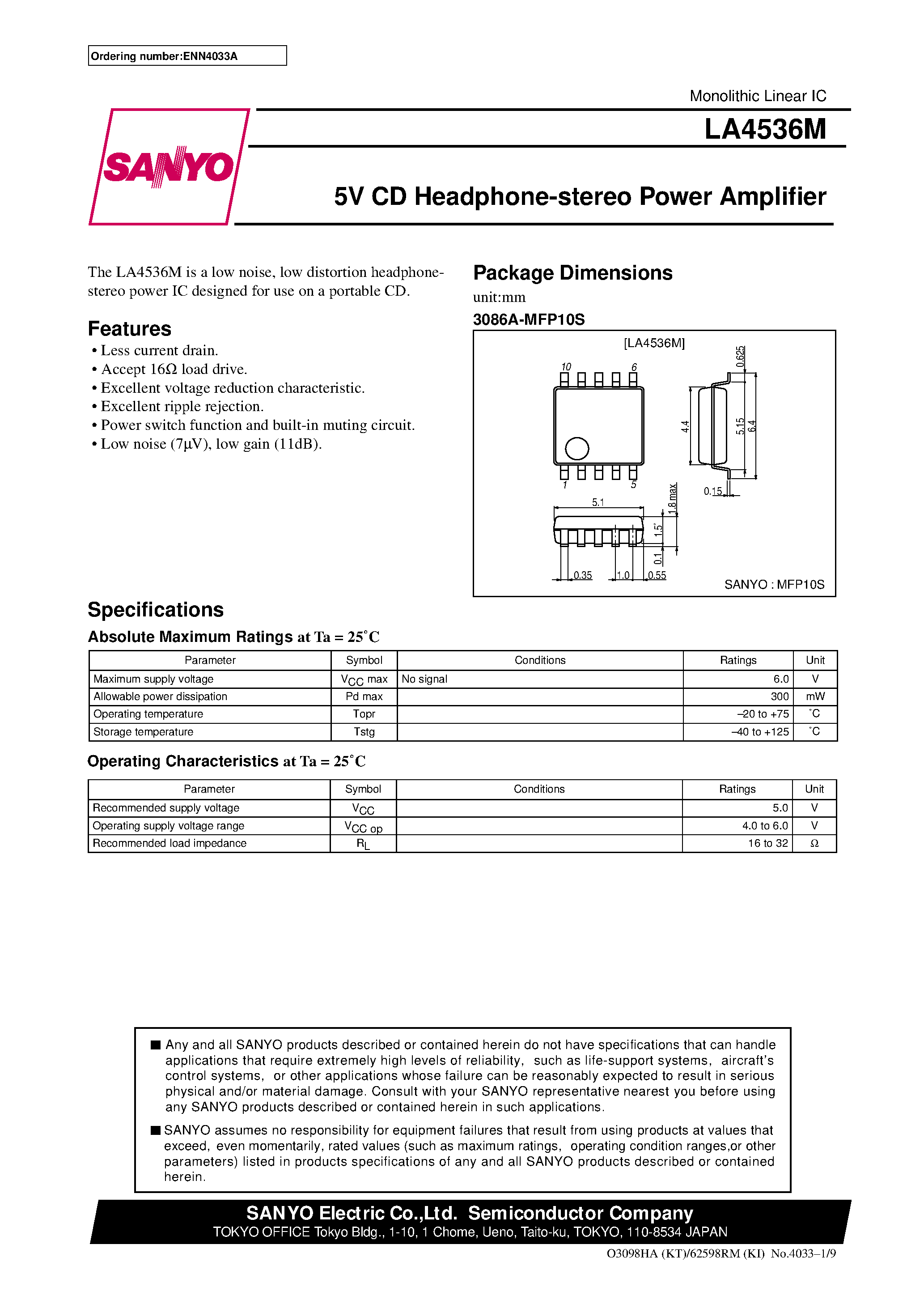 Даташит LA4536 - 5V CD Headphone-stereo Power Amplifier страница 1