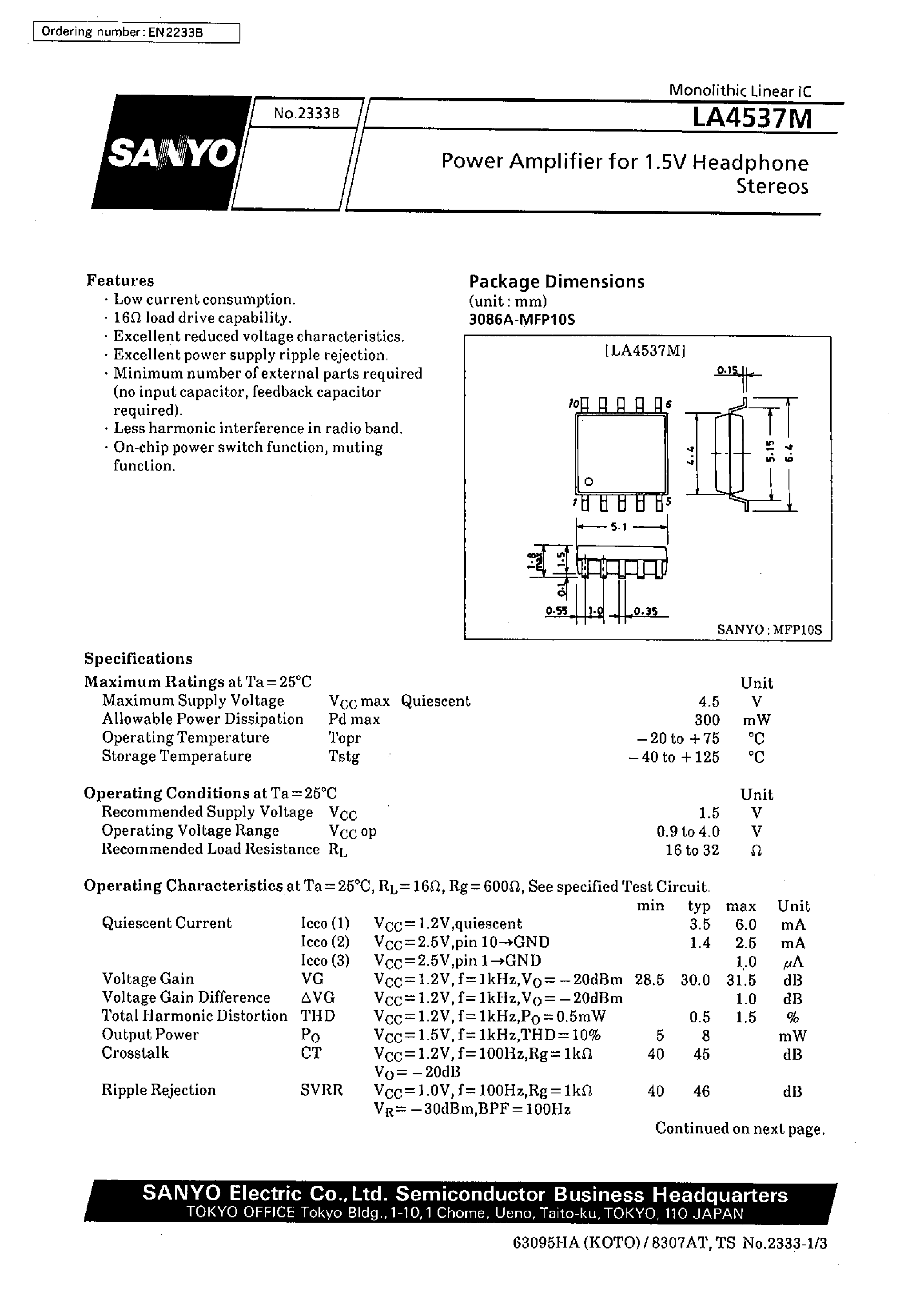Даташит LA4537M - Power Amplifier for 1.5V Headphone Stereos страница 1