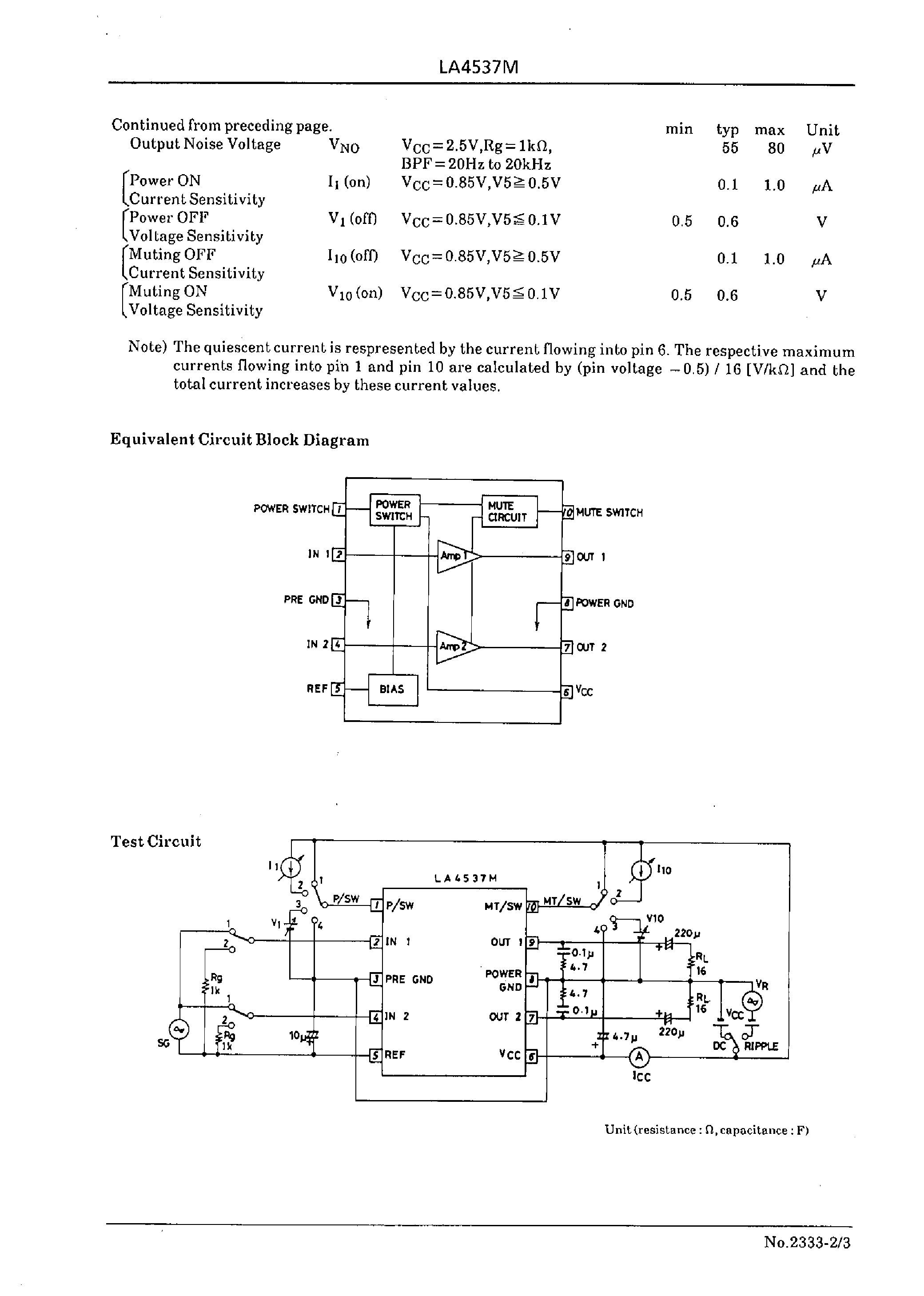 Даташит LA4537M - Power Amplifier for 1.5V Headphone Stereos страница 2