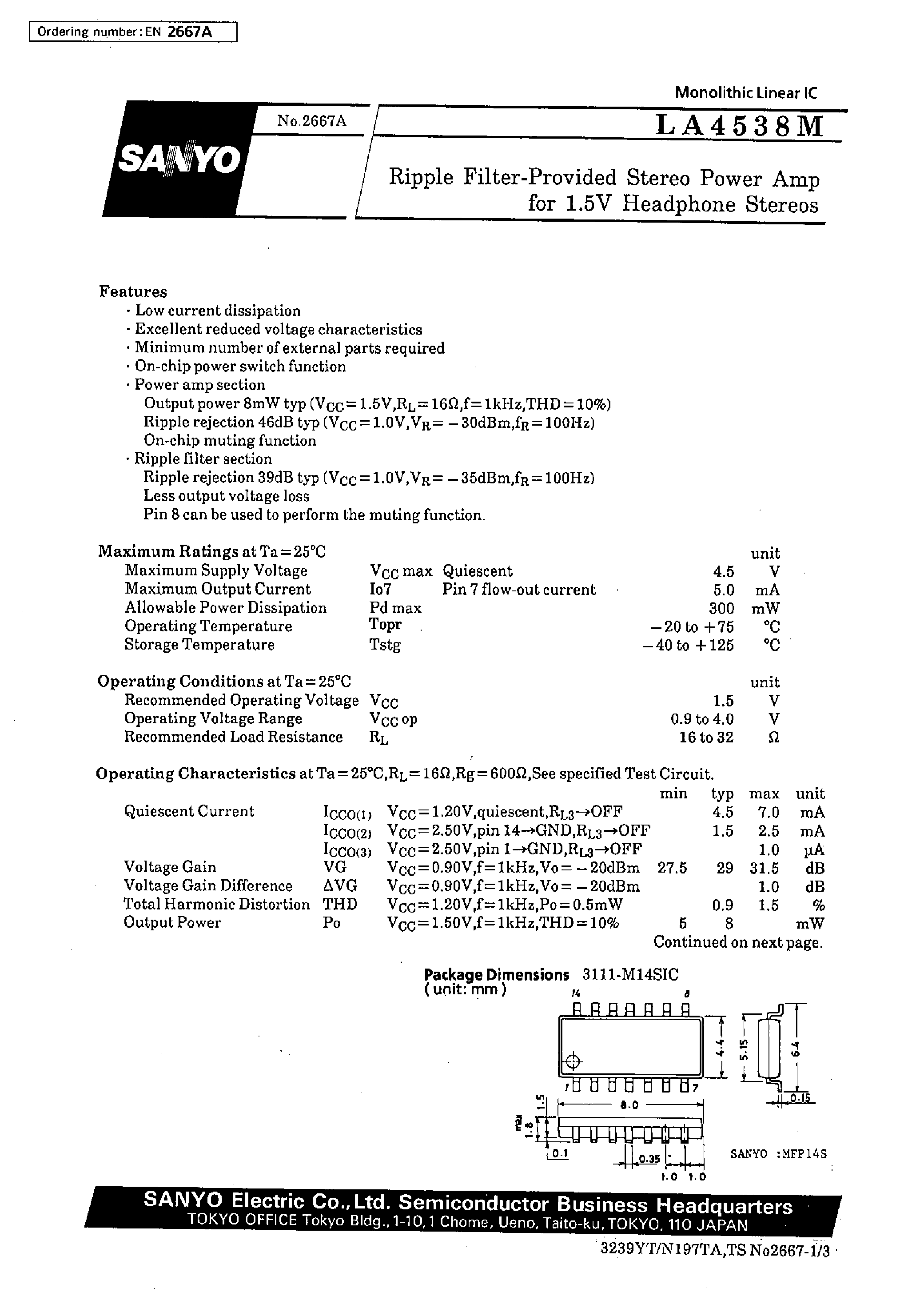 Datasheet LA4538M page 1 Datasheet LA4538M - Ripple Filter-Provided Stereo Power Amp for 1.5V Headphone Stereos page 1