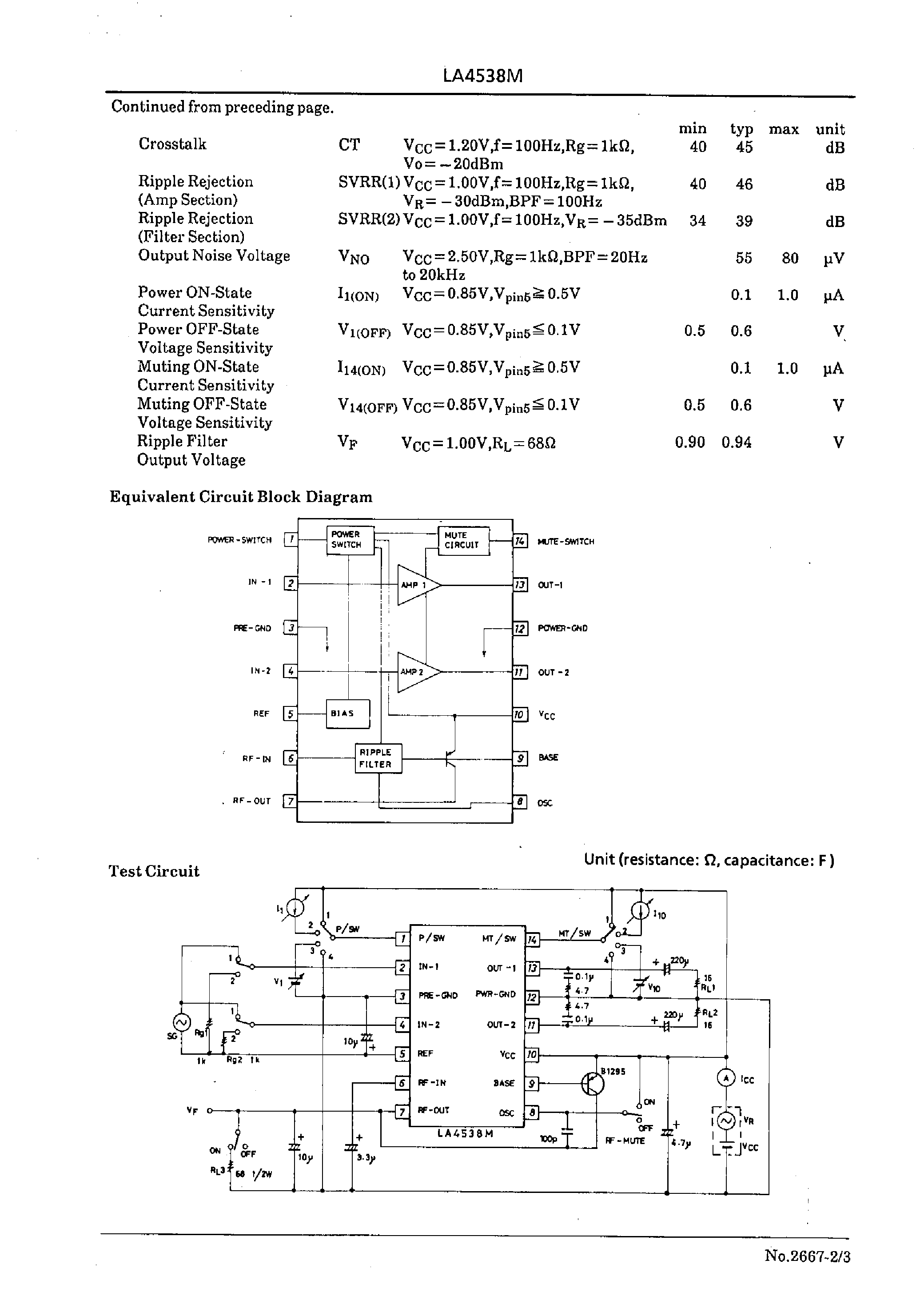 Datasheet LA4538M page 2 Datasheet LA4538M - Ripple Filter-Provided Stereo Power Amp for 1.5V Headphone Stereos page 2