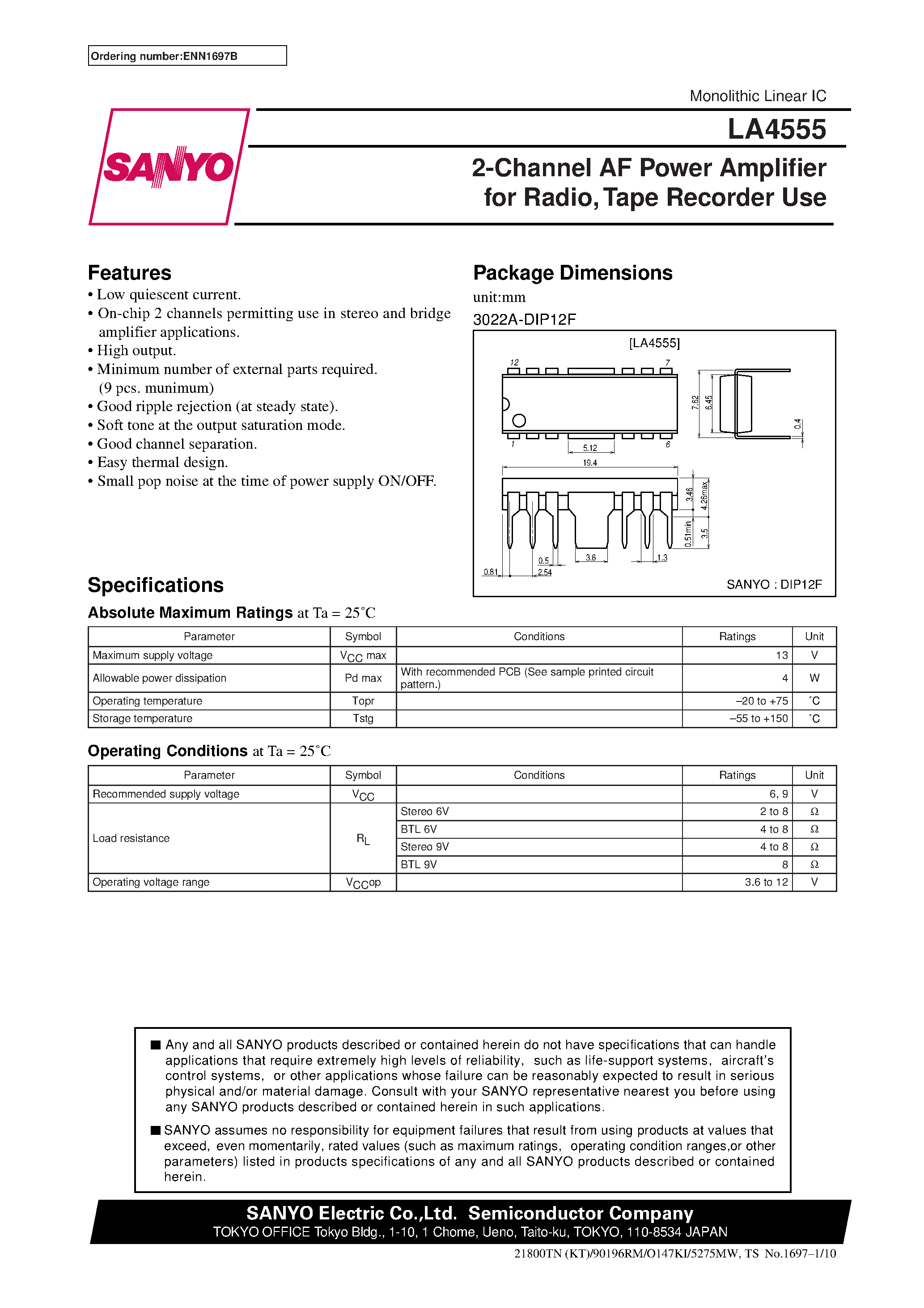 Datasheet LA4555 - 2-Channel AF Power Amplifier for Radio / Tape Recorder Use page 1