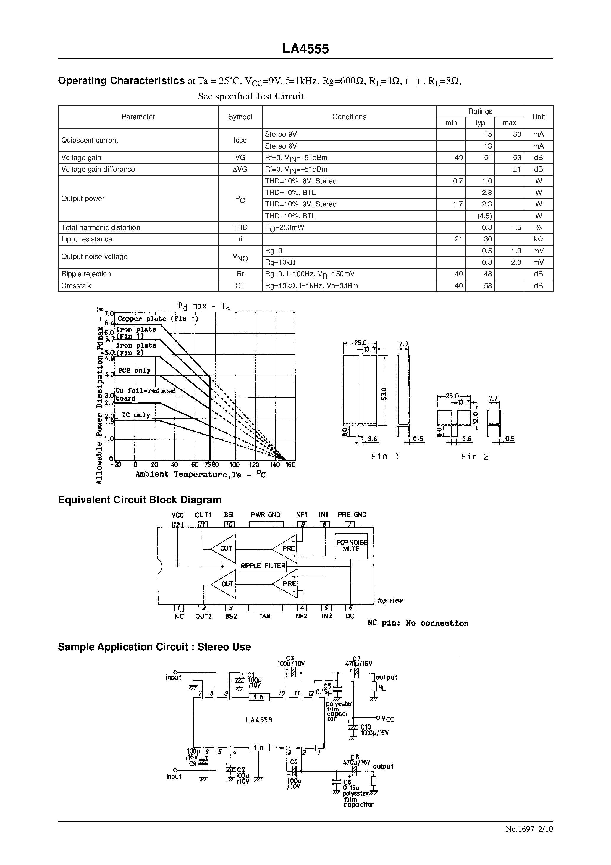 Datasheet LA4555 - 2-Channel AF Power Amplifier for Radio / Tape Recorder Use page 2