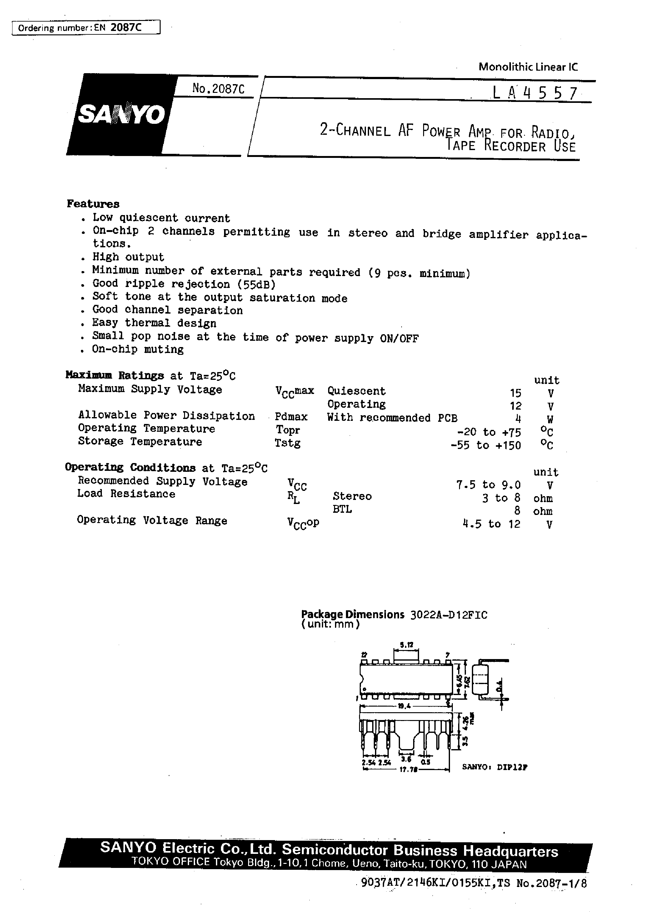 Datasheet LA4557 page 1 Datasheet LA4557 - 2-Channel AF Power Amp for Radio / Tape Recorder Use page 1