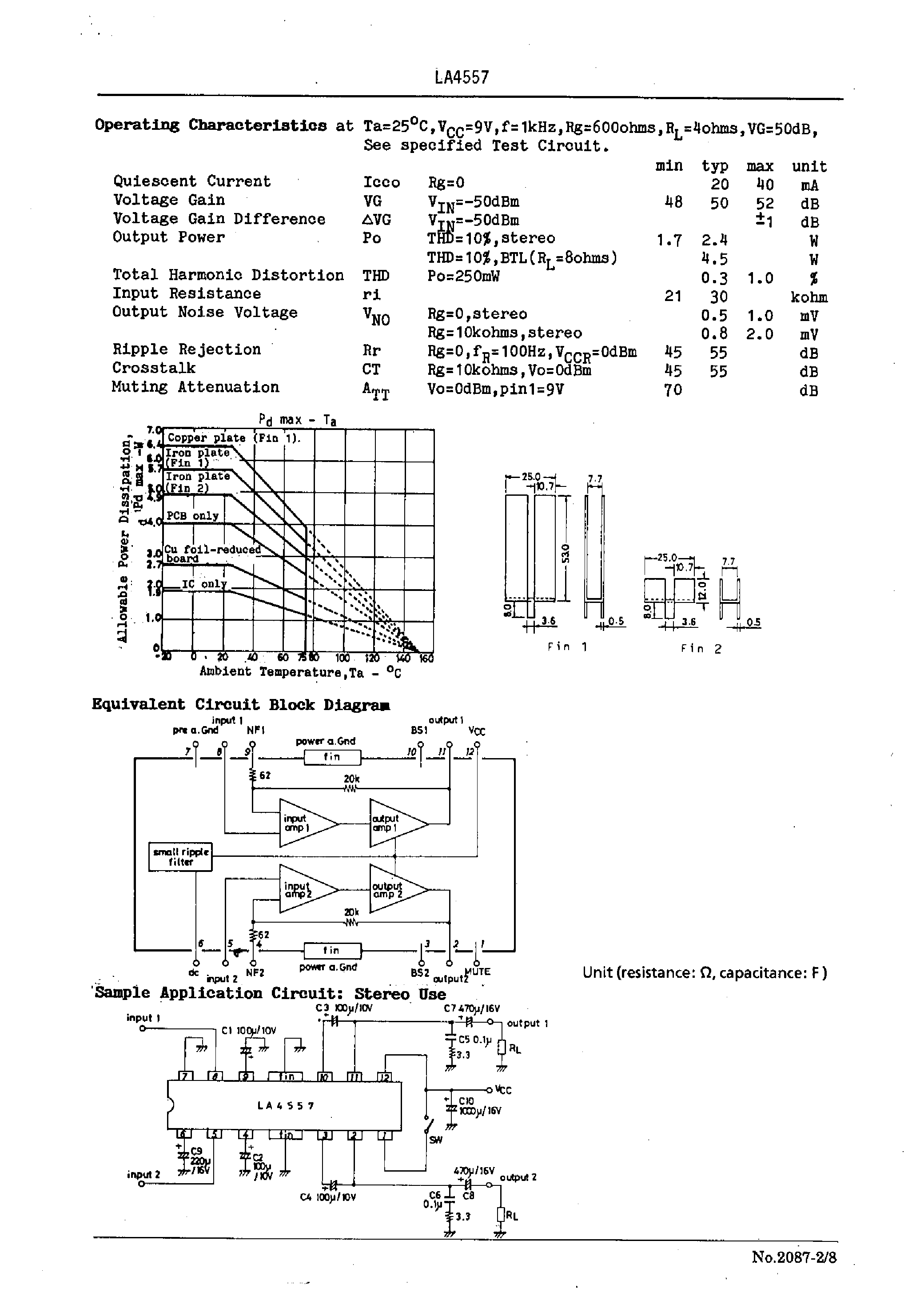 Datasheet LA4557 page 2 Datasheet LA4557 - 2-Channel AF Power Amp for Radio / Tape Recorder Use page 2