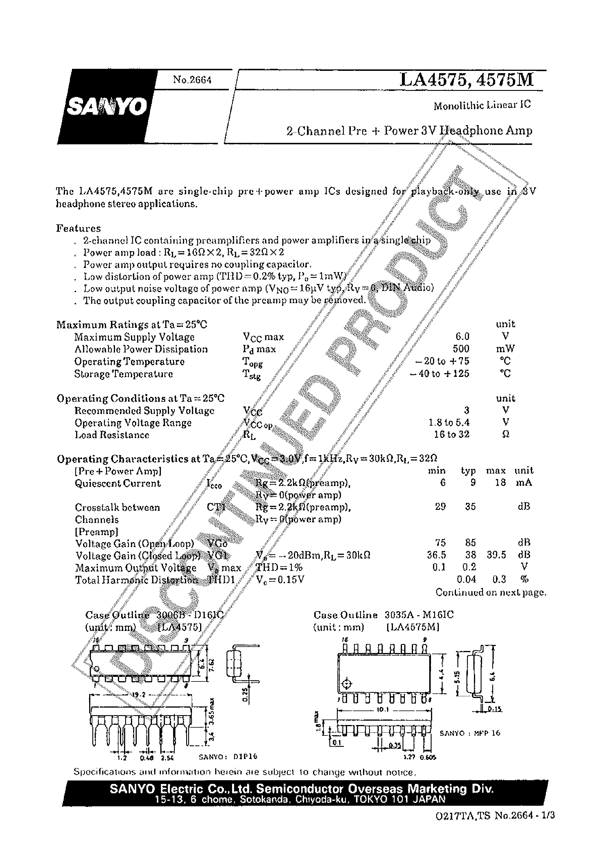 Datasheet LA4575M - 2-Channel Pre + Power 3V Headphone Amp page 1