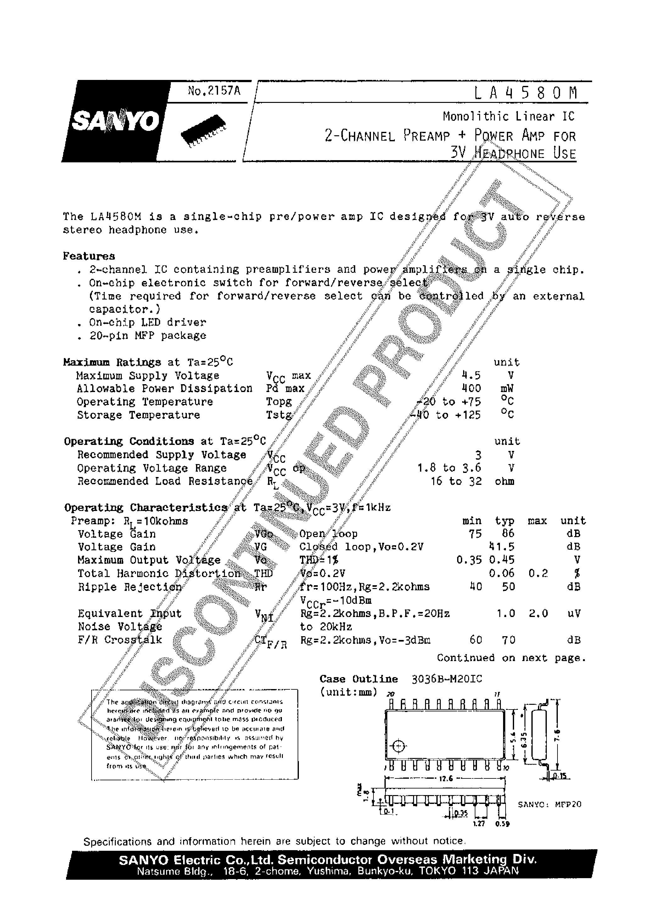 Datasheet LA4580 - 2-Channel Preamp + Power Amp 3V Headphone Use page 1