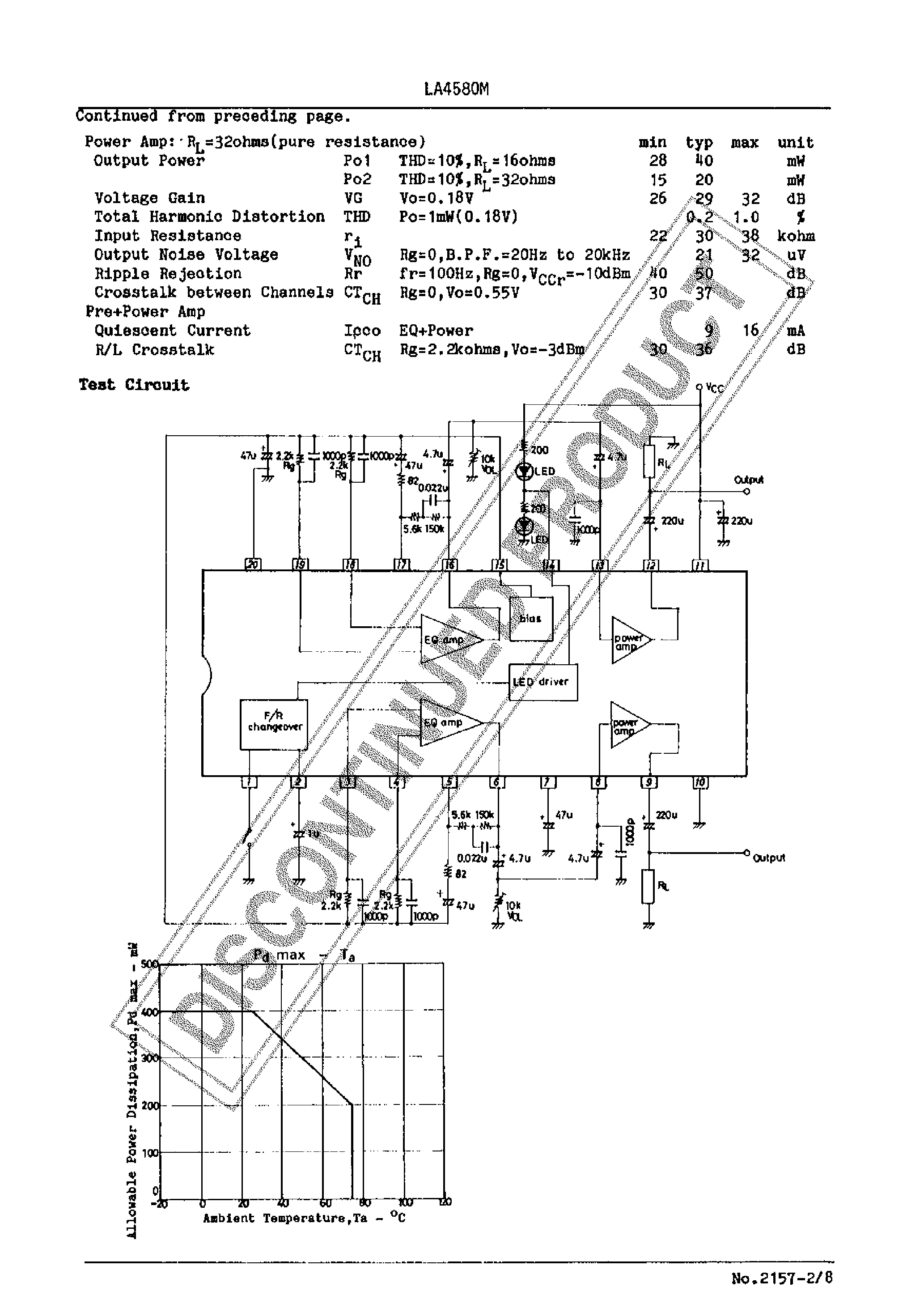 Datasheet LA4580 - 2-Channel Preamp + Power Amp 3V Headphone Use page 2