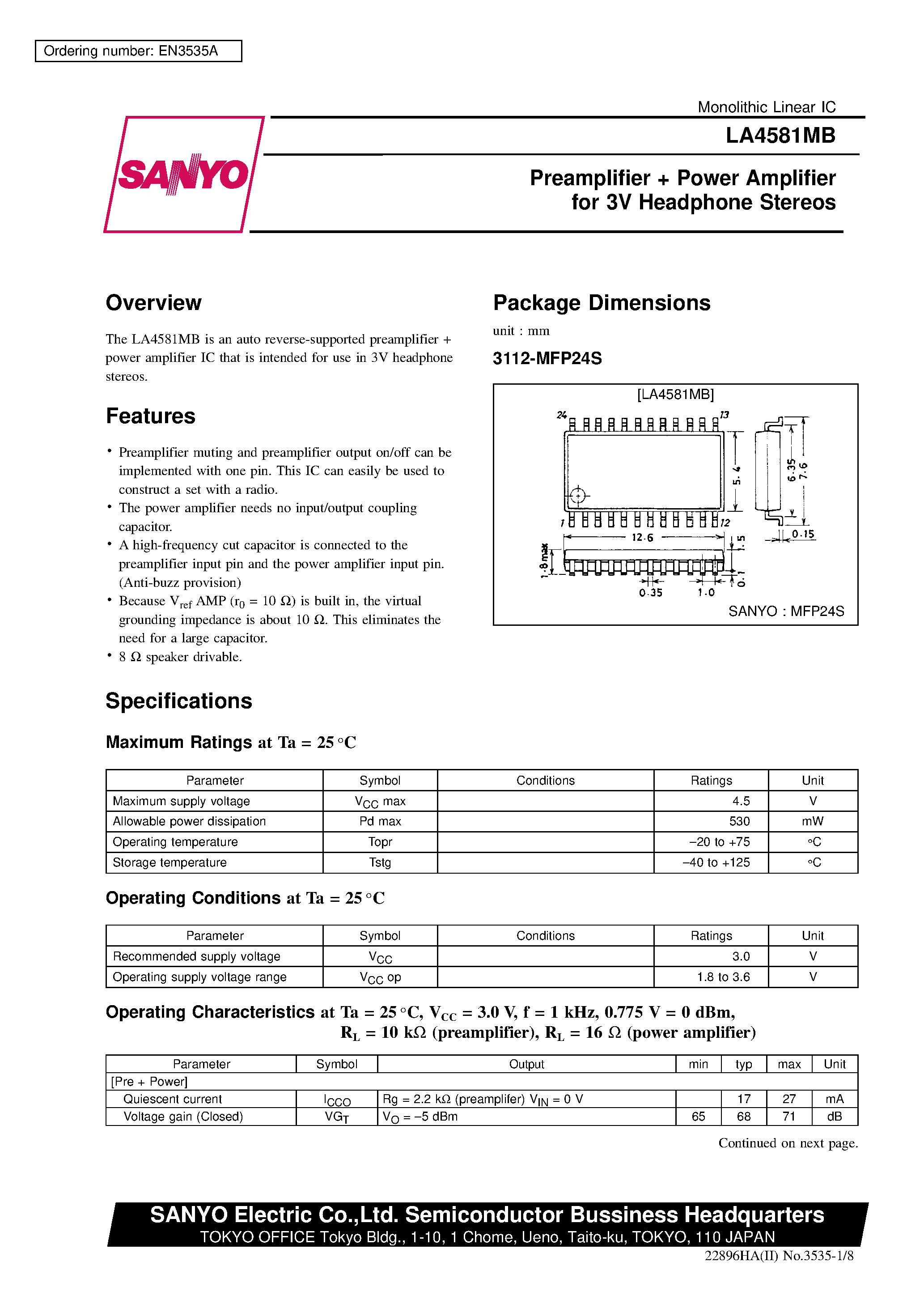 Даташит LA4581MB - Preamplifier Power Amplifier for 3V Headphone Stereos страница 1