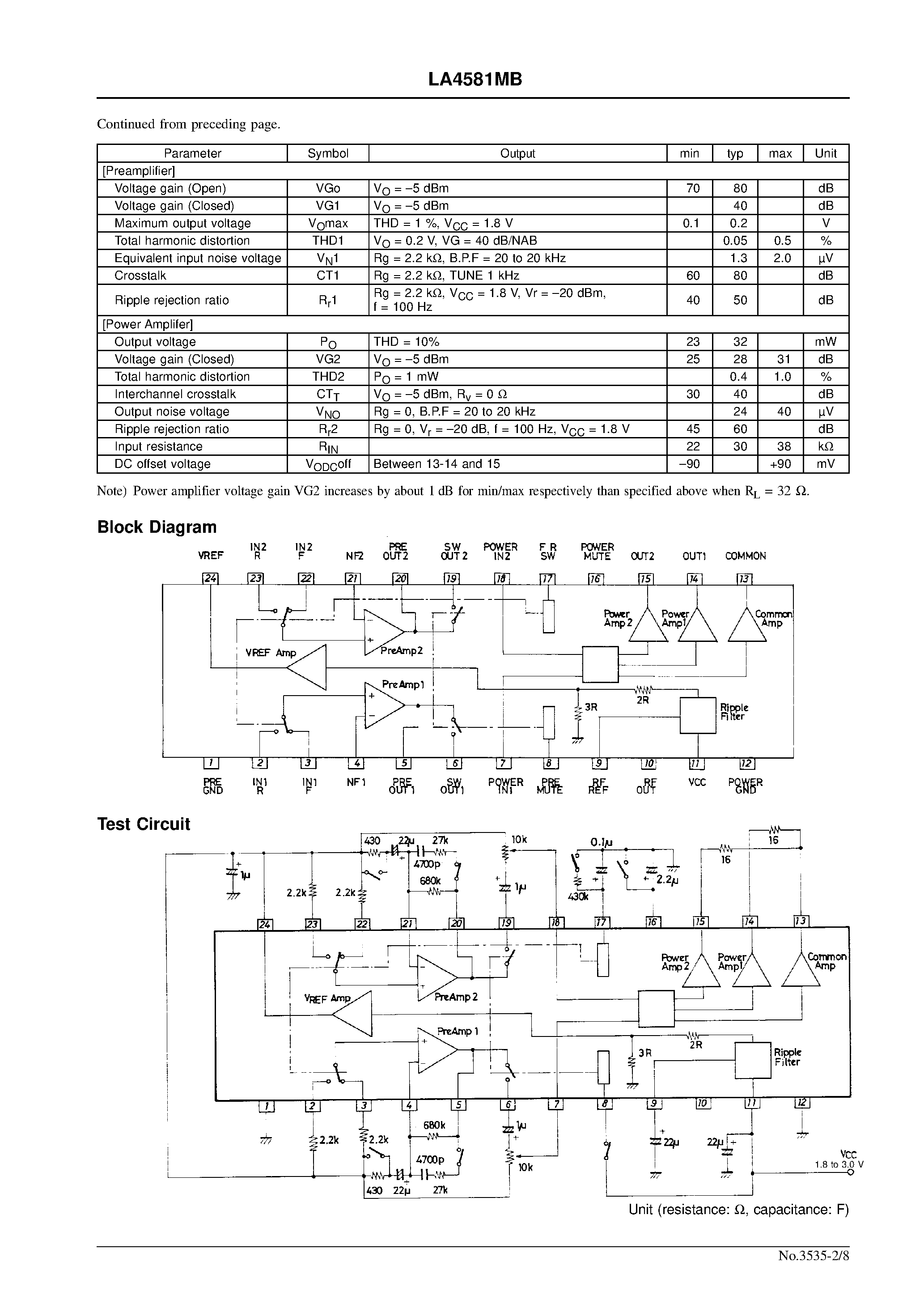 Даташит LA4581MB - Preamplifier Power Amplifier for 3V Headphone Stereos страница 2