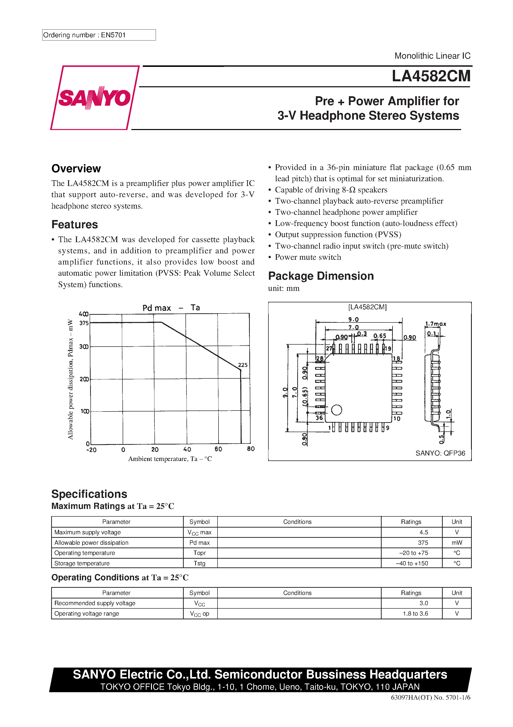 Datasheet LA4582CM page 1 Datasheet LA4582CM - Pre Power Amplifier for 3-V Headphone Stereo Systems page 1