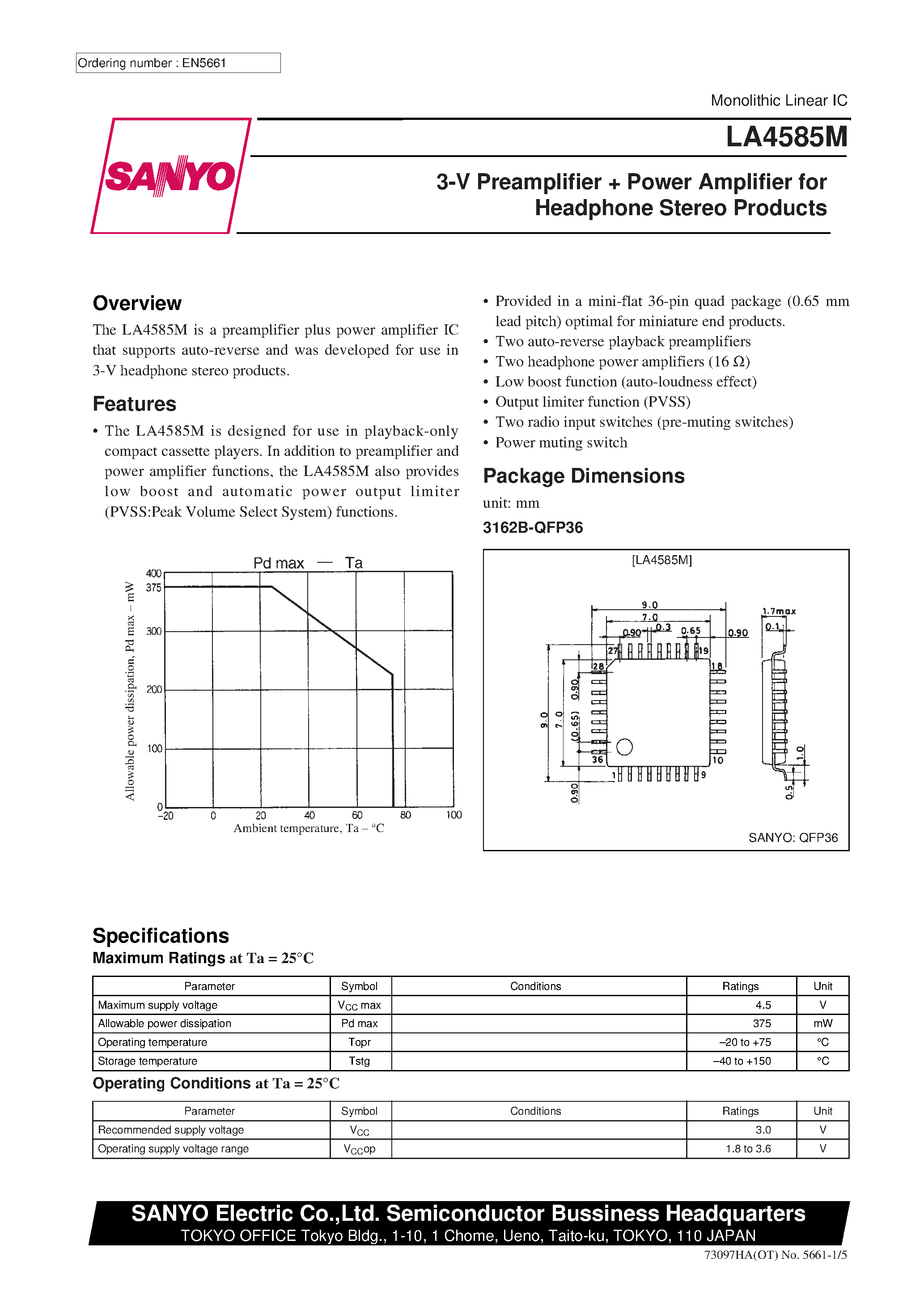 Datasheet LA4585 page 1 Datasheet LA4585 - 3-V Preamplifier Power Amplifier for Headphone Stereo Products page 1