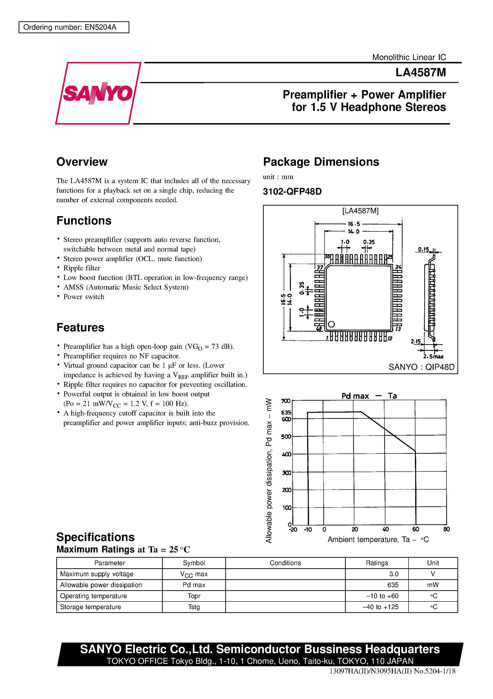 Даташит LA4587M - Preamplifier + Power Amplifier for 1.5 V Headphone Stereos страница 1