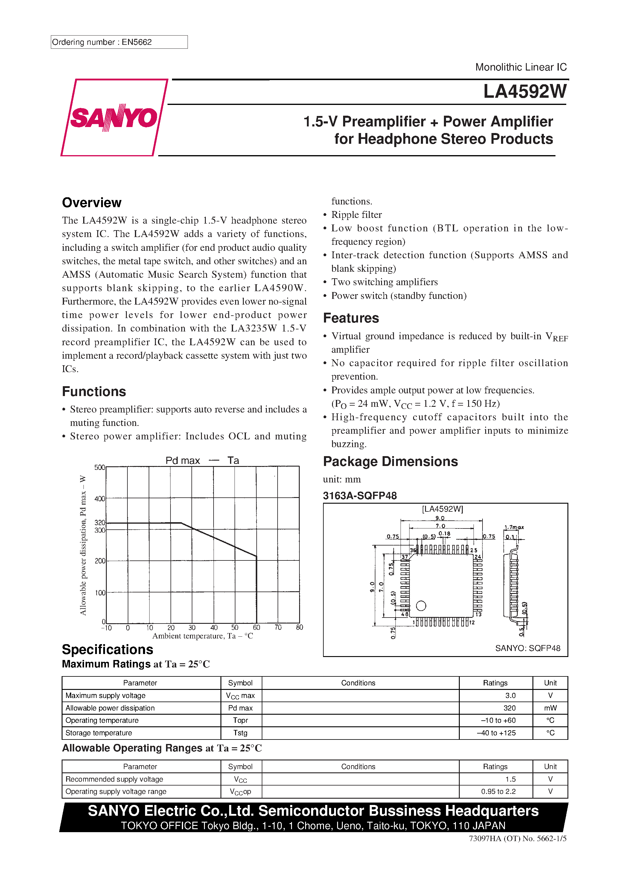 Datasheet LA4592W - 1.5-V Preamplifier + Power Amplifier for Headphone Stereo Products page 1