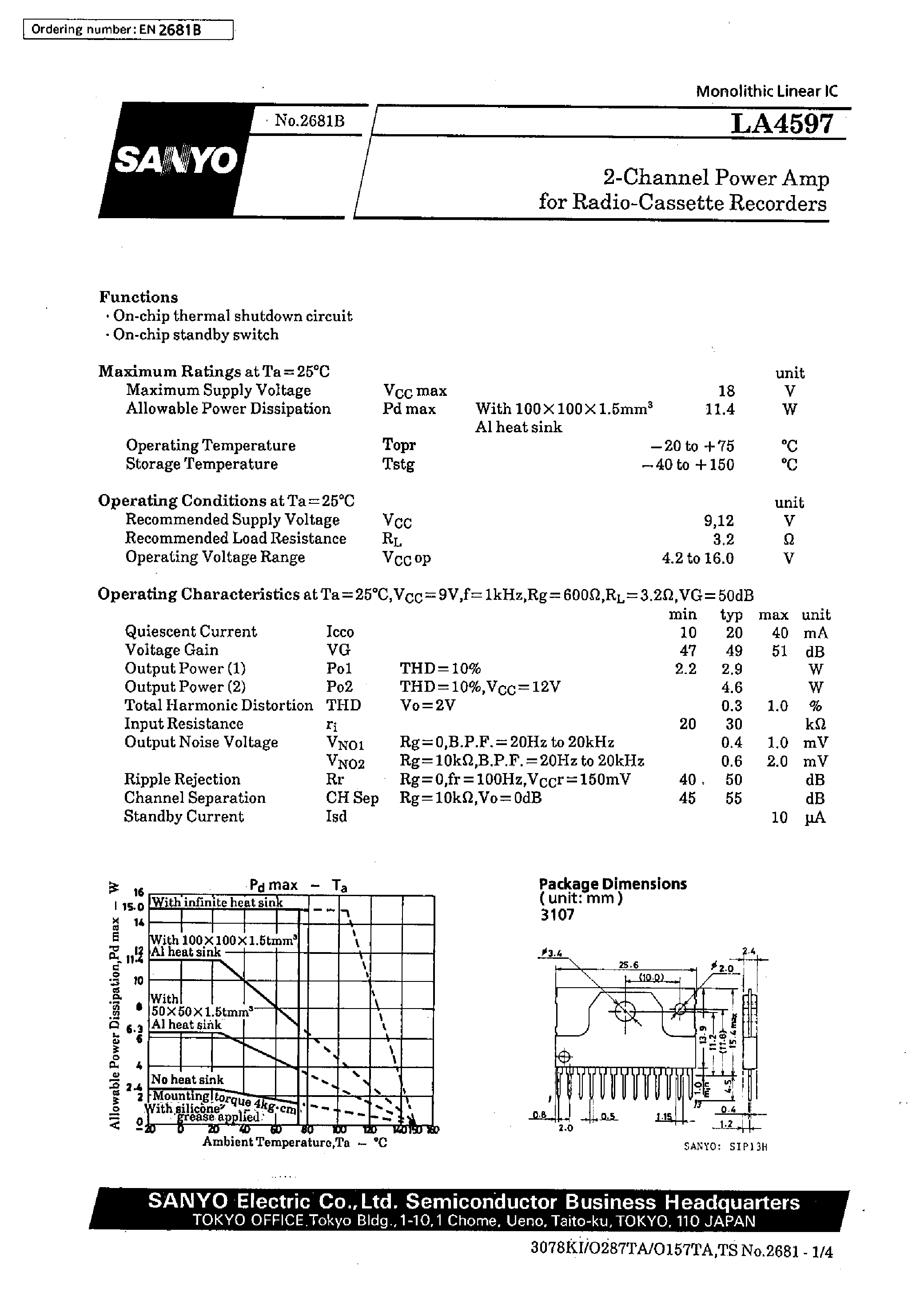 Datasheet LA4597 page 1 Datasheet LA4597 - 2-Channel Power Amp for Radio-Cassette Recorders page 1