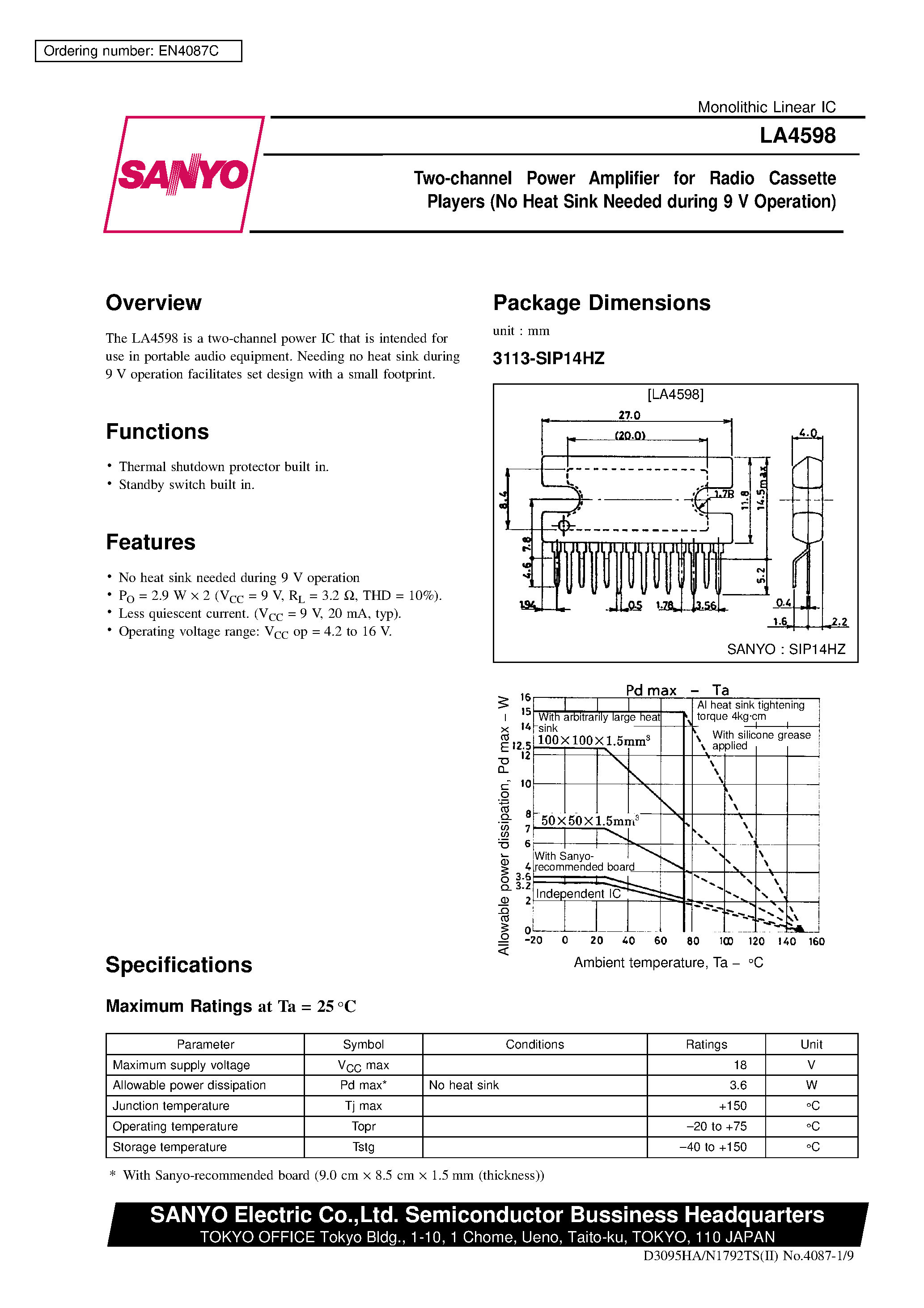 Datasheet LA4598 - Two-channel Power Amplifier for Radio Cassette Players (No Heat Sink Needed during 9 V Operation) page 1