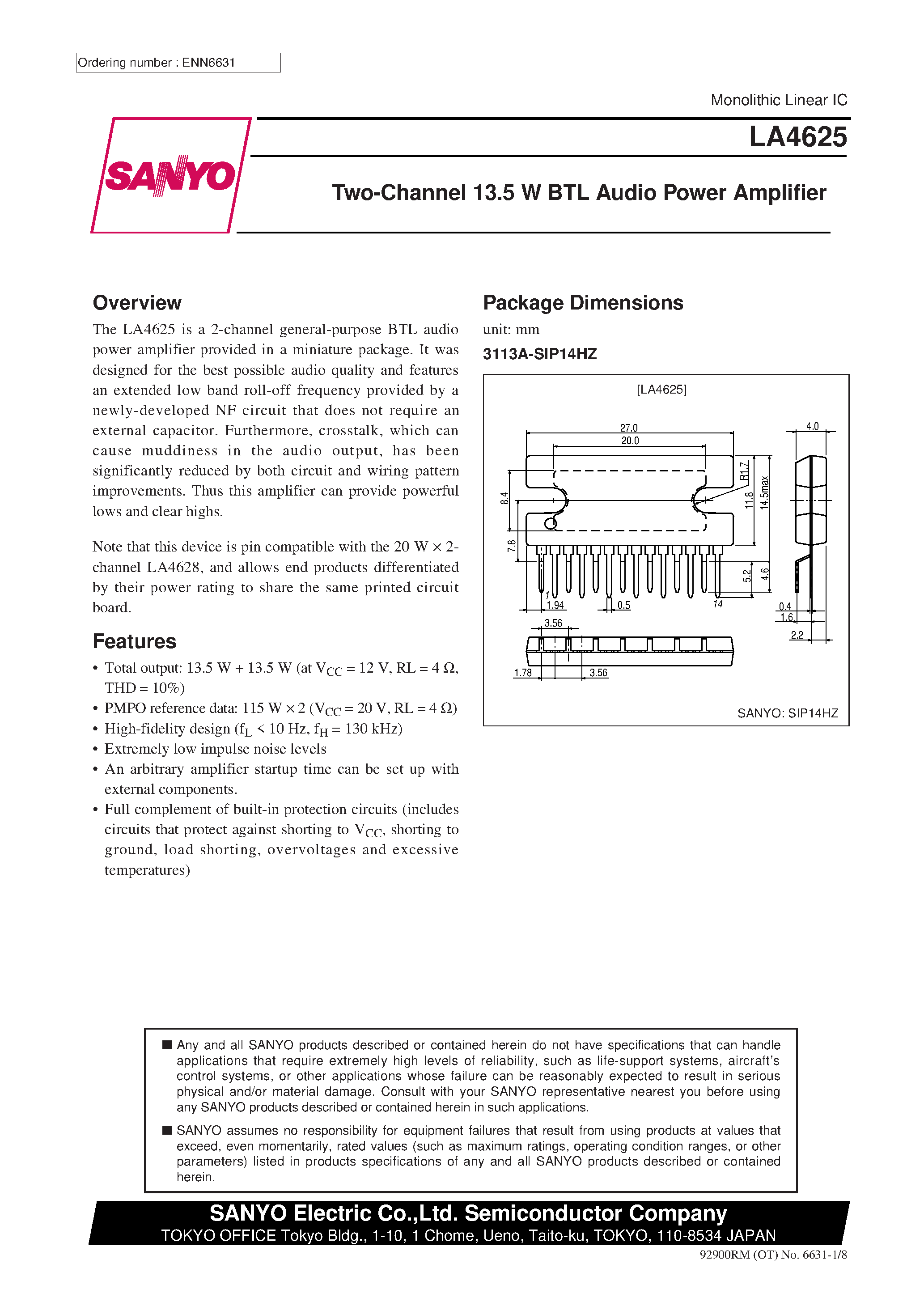 Datasheet LA4625 page 1 Datasheet LA4625 - Two-Channel 13.5 W BTL Audio Power Amplifier page 1