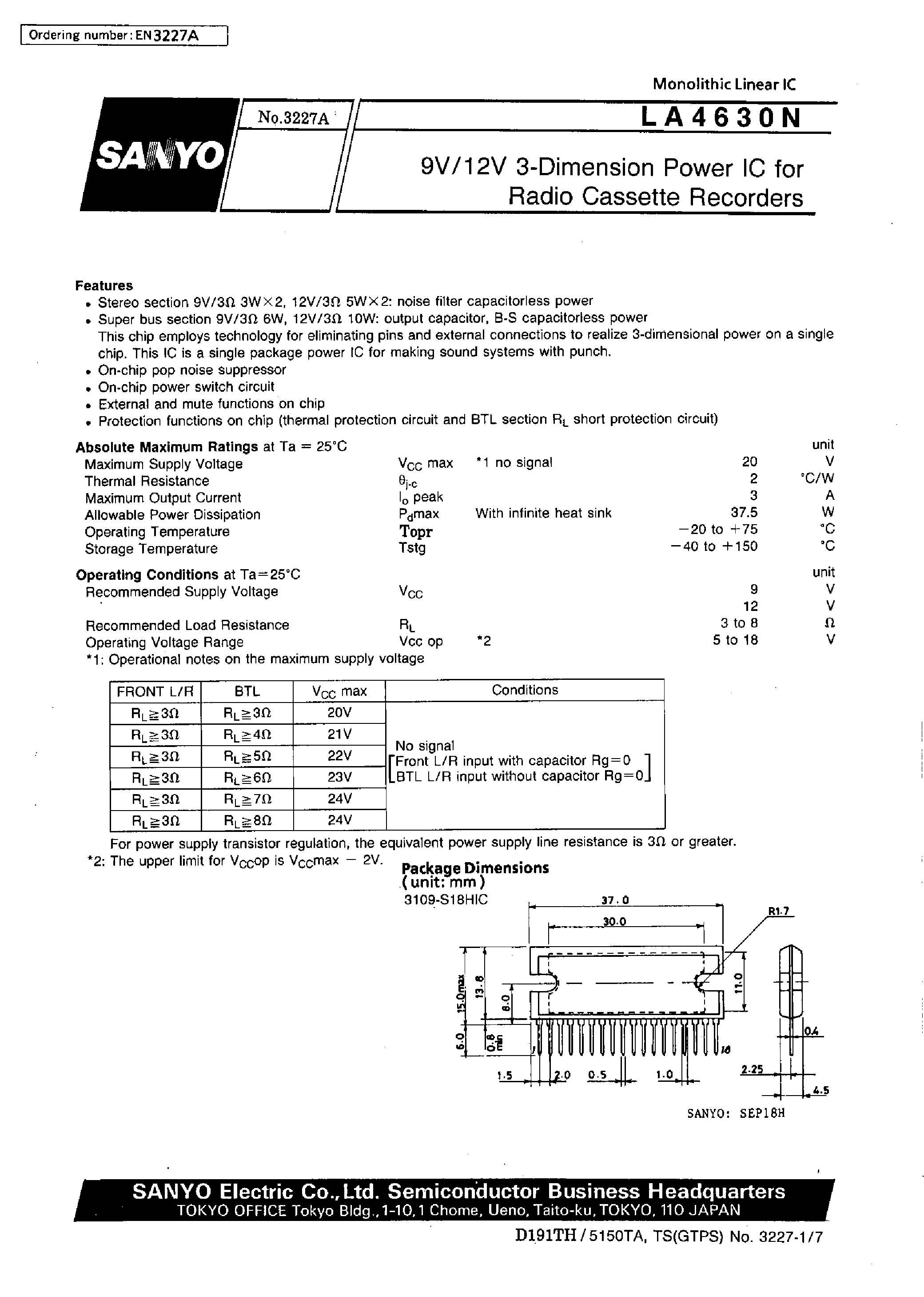 Datasheet LA4630N - 9V/12V 3-Dimension Power IC for Radio Cassette Recorders page 1