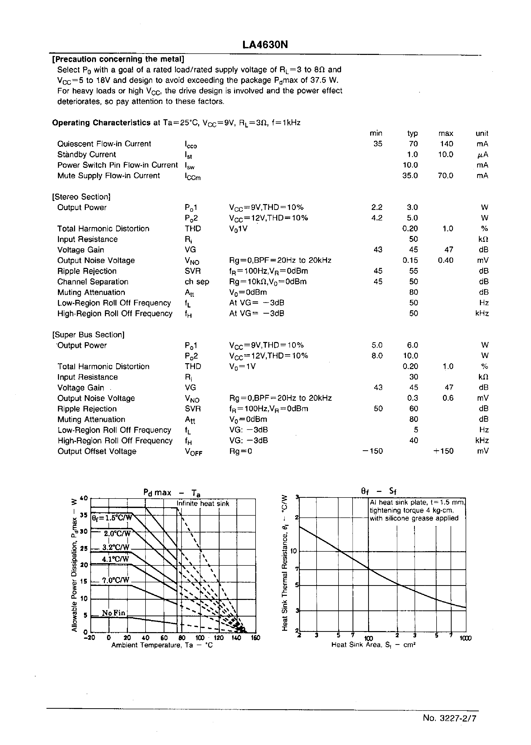 Datasheet LA4630N - 9V/12V 3-Dimension Power IC for Radio Cassette Recorders page 2