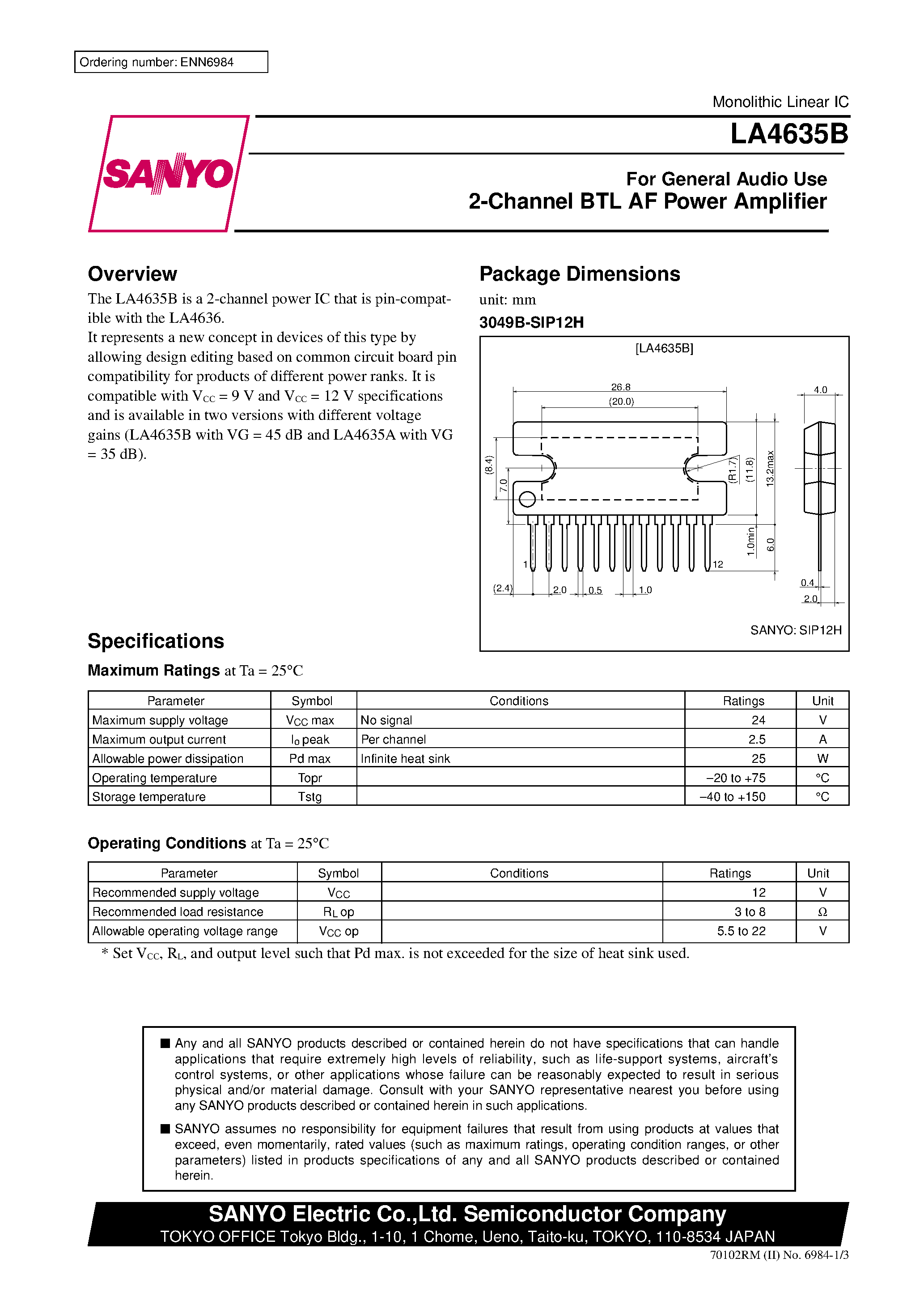 Datasheet LA4635B - 2-Channel BTL AF Power Amplifier page 1