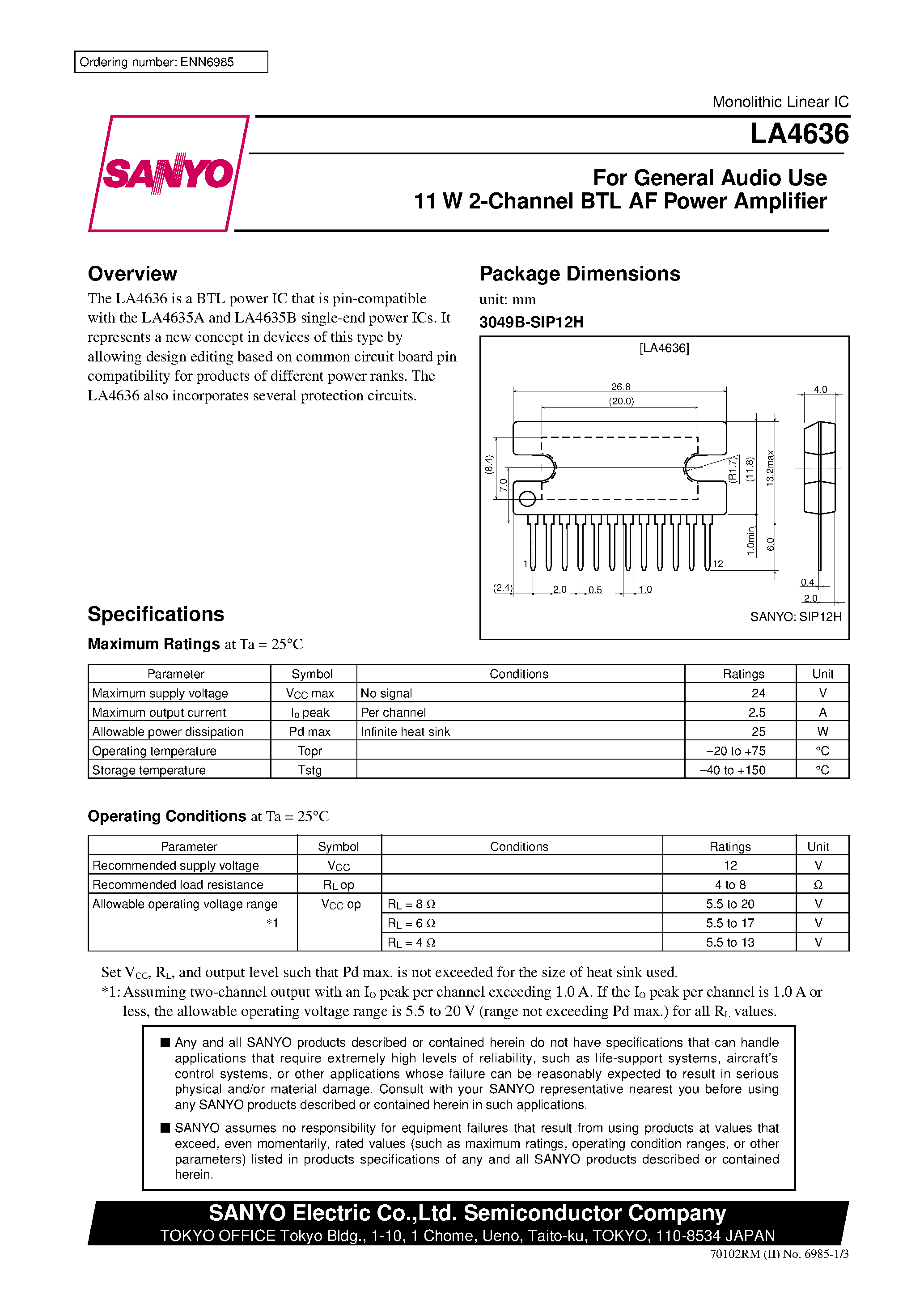 Datasheet LA4636 - For General Audio Use 11 W 2-Channel BTL AF Power Amplifier page 1
