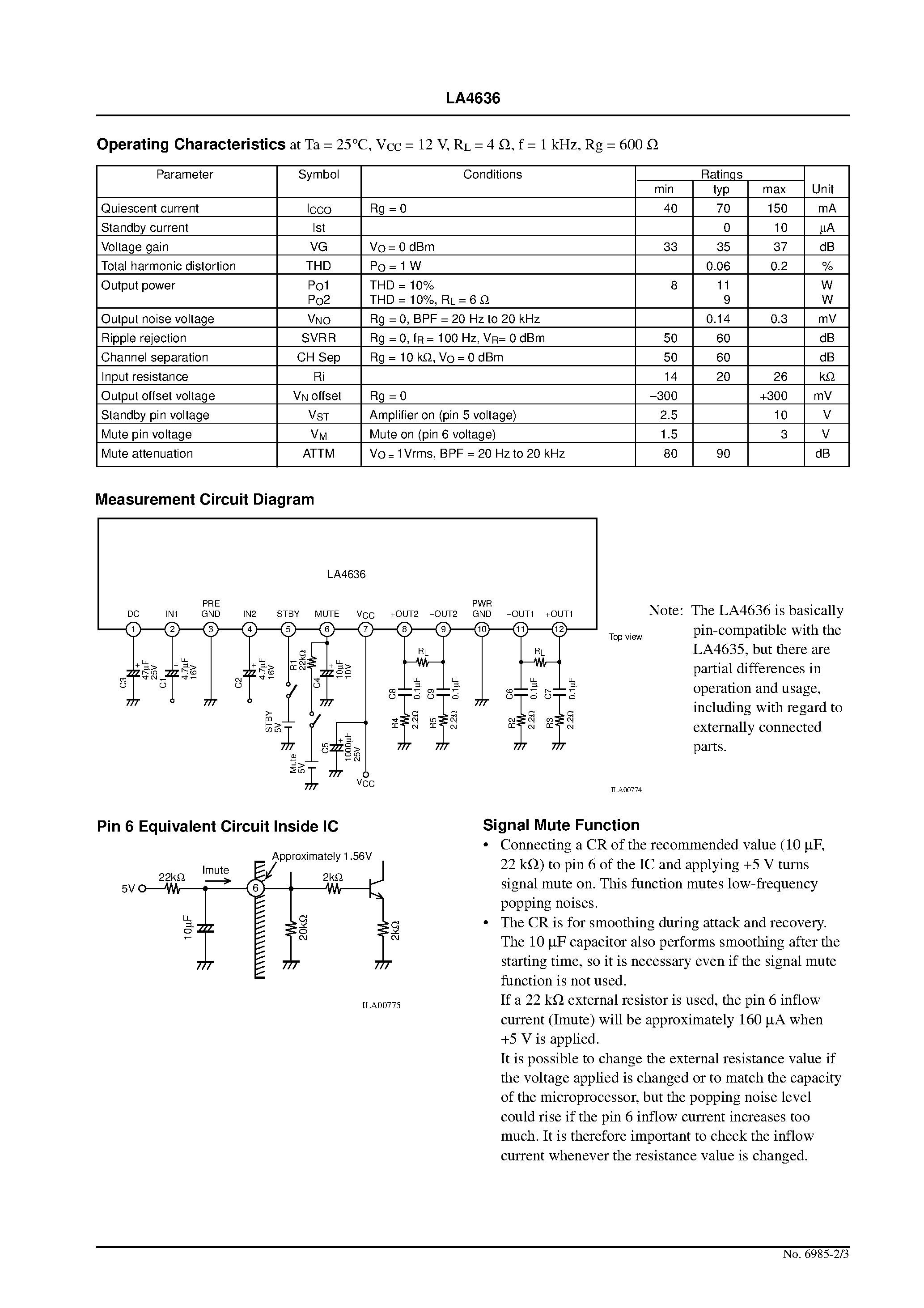 Datasheet LA4636 - For General Audio Use 11 W 2-Channel BTL AF Power Amplifier page 2