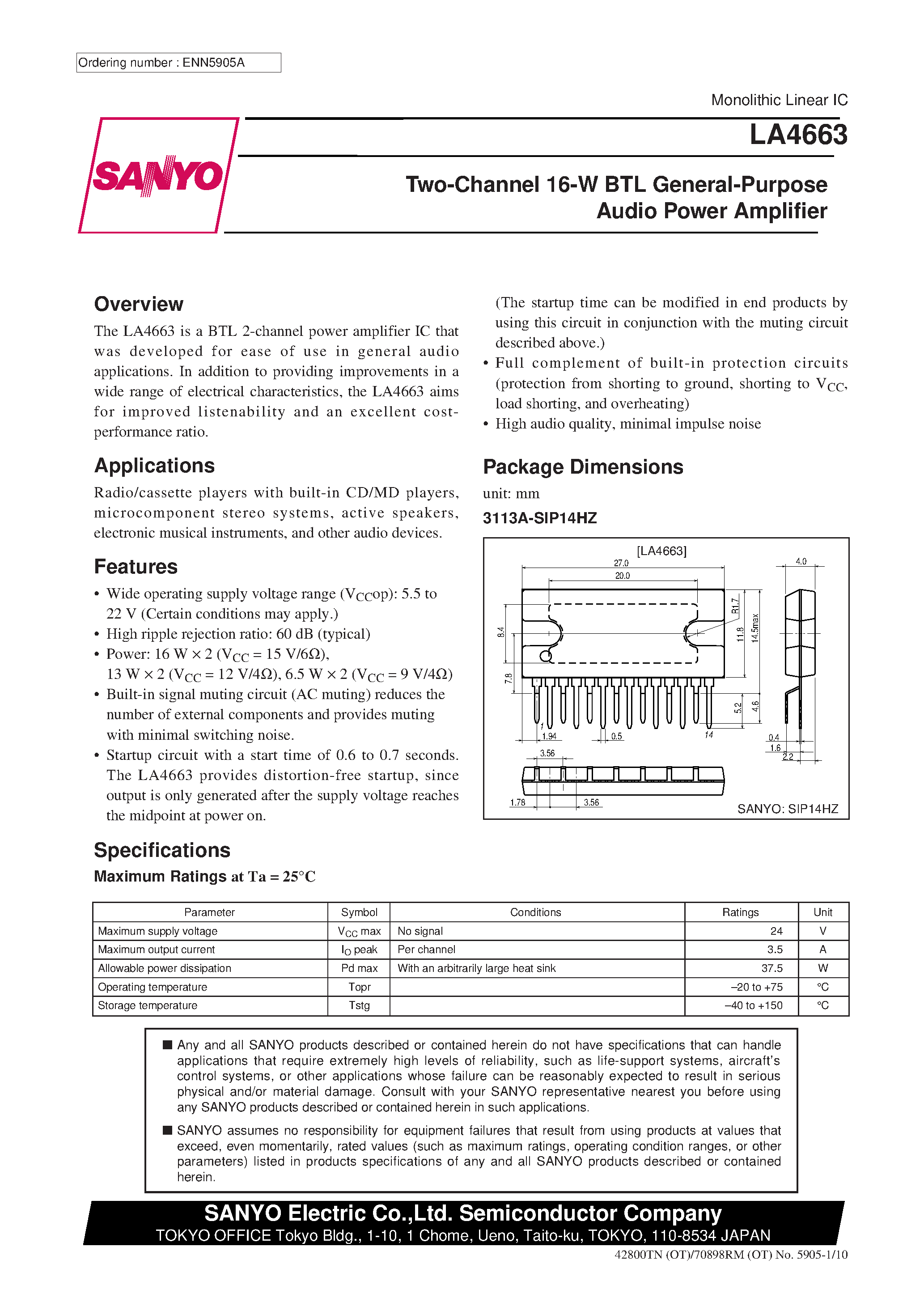 Datasheet LA4663 - Two-Channel 16-W BTL General-Purpose Audio Power Amplifier page 1