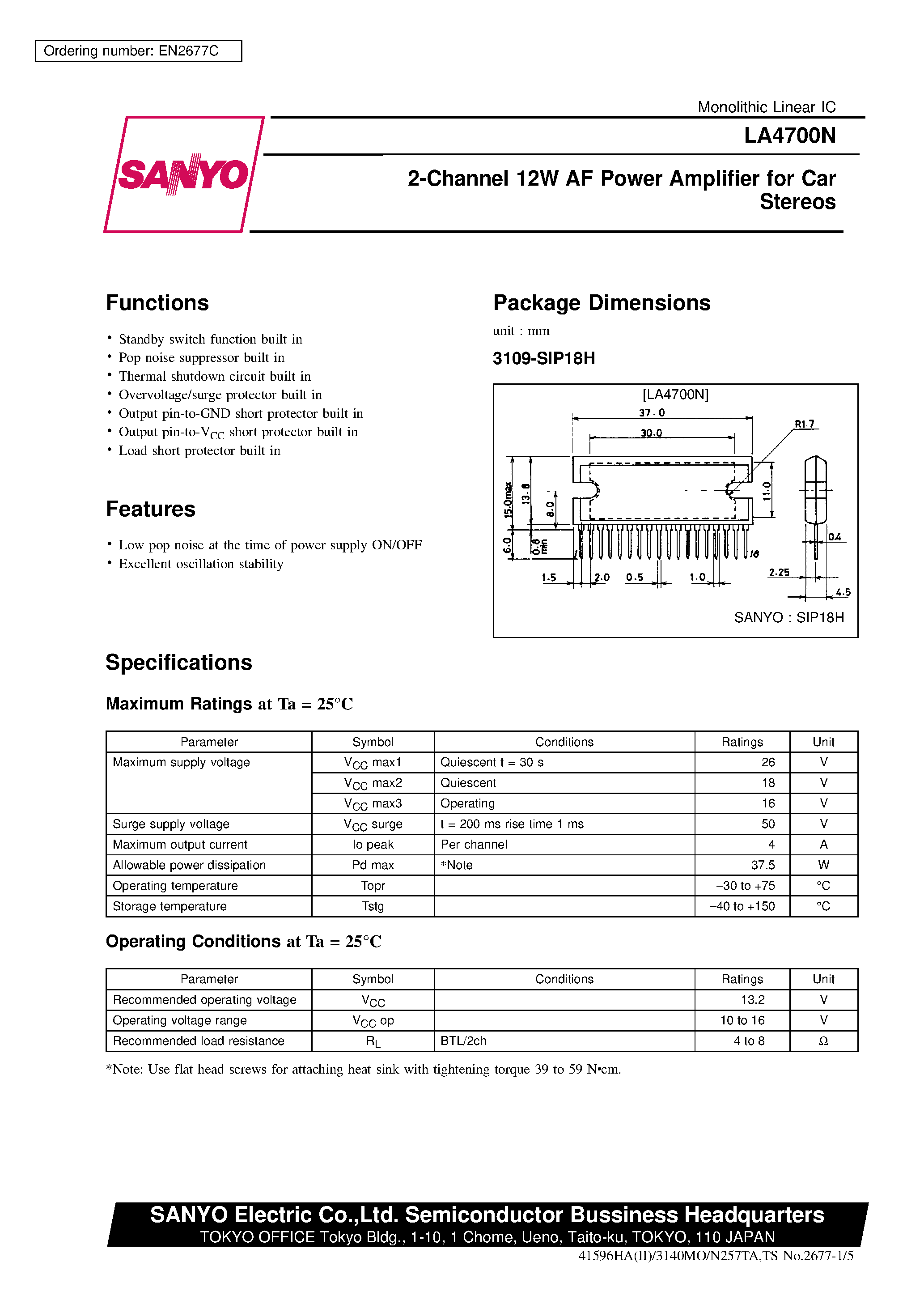 Даташит LA4700 - 2-Channel 12W AF Power Amplifier for Car Stereos страница 1