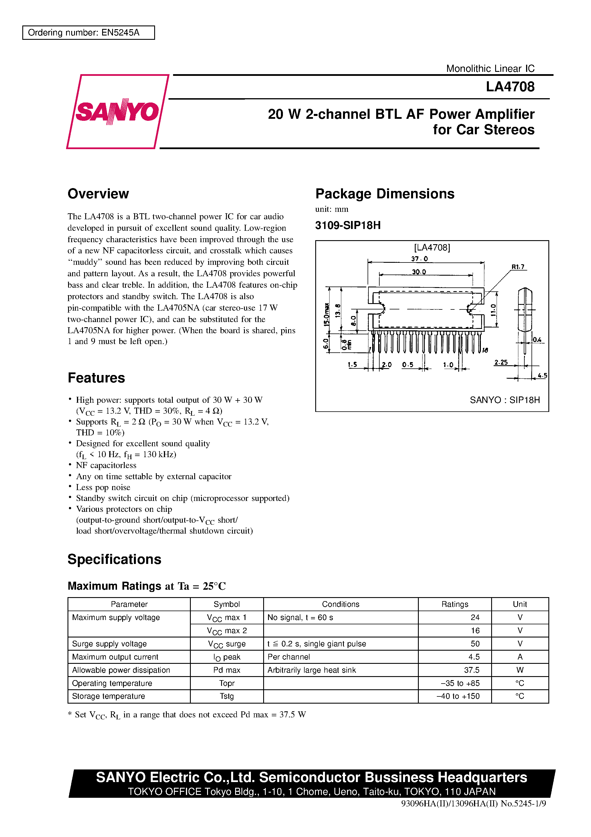 Даташит LA4708 - 20 W 2-channel BTL AF Power Amplifier for Car Stereos страница 1
