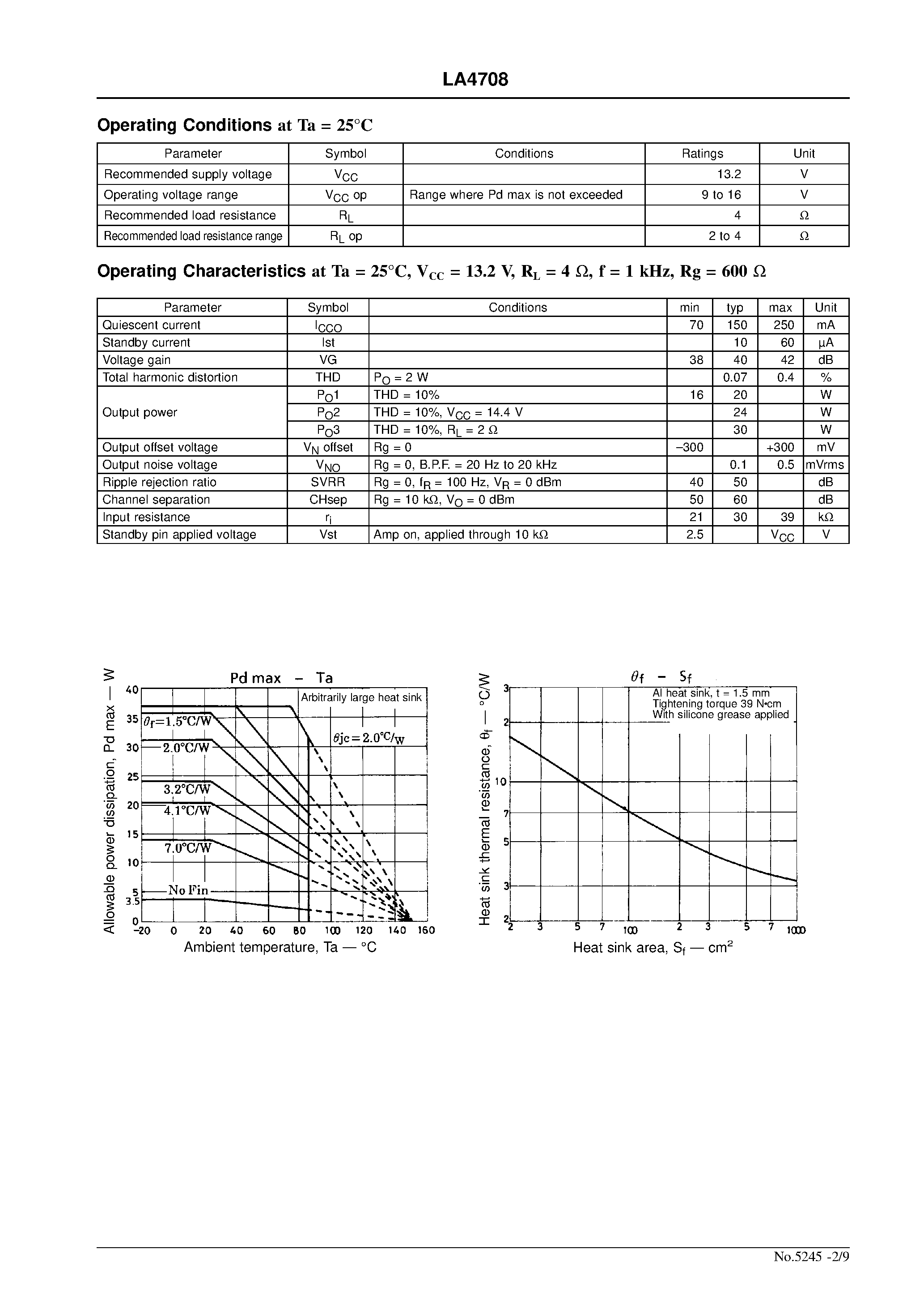 Даташит LA4708 - 20 W 2-channel BTL AF Power Amplifier for Car Stereos страница 2