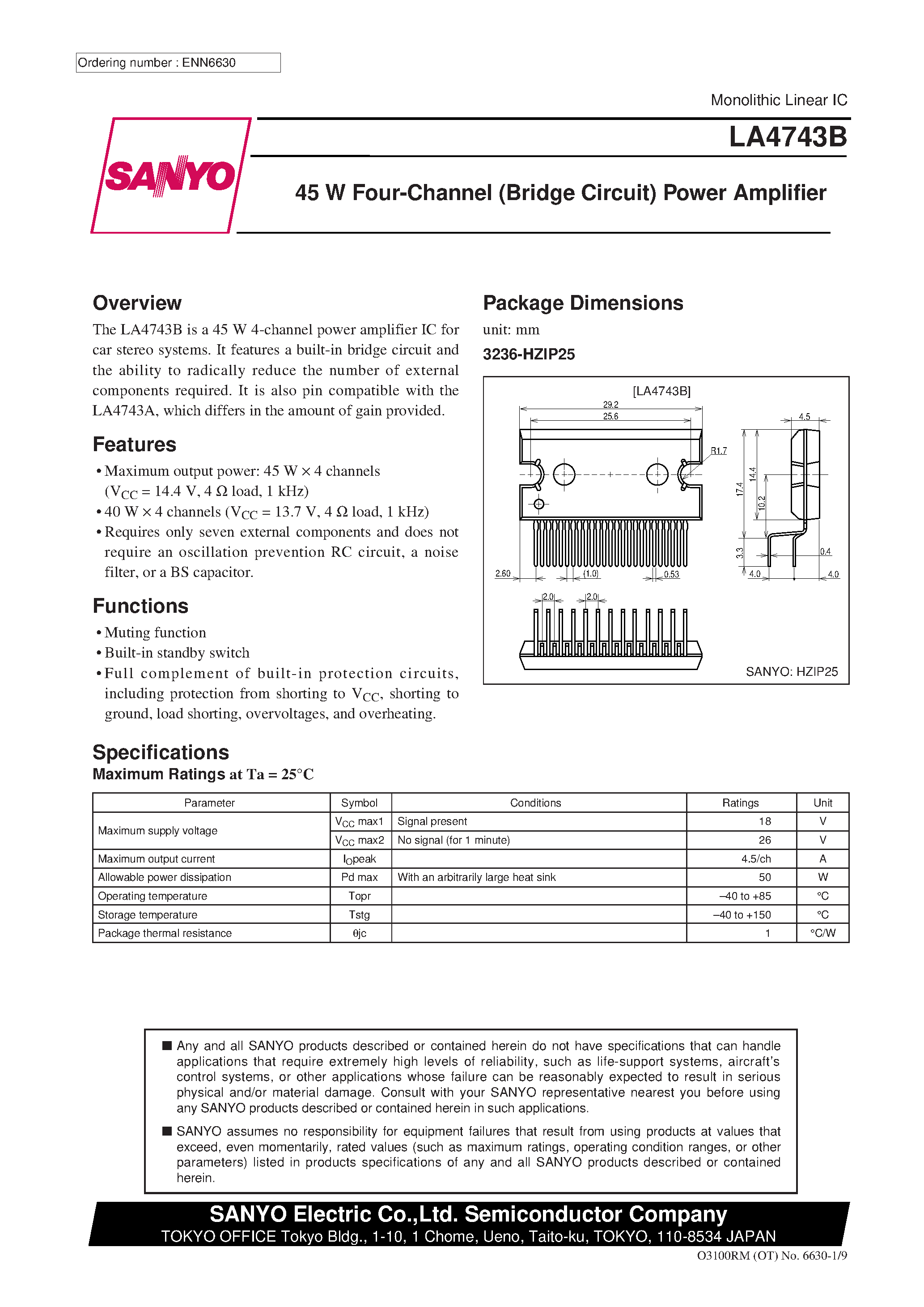 Datasheet LA4743 page 1 Datasheet LA4743 - 45 W Four-Channel (Bridge Circuit) Power Amplifier page 1
