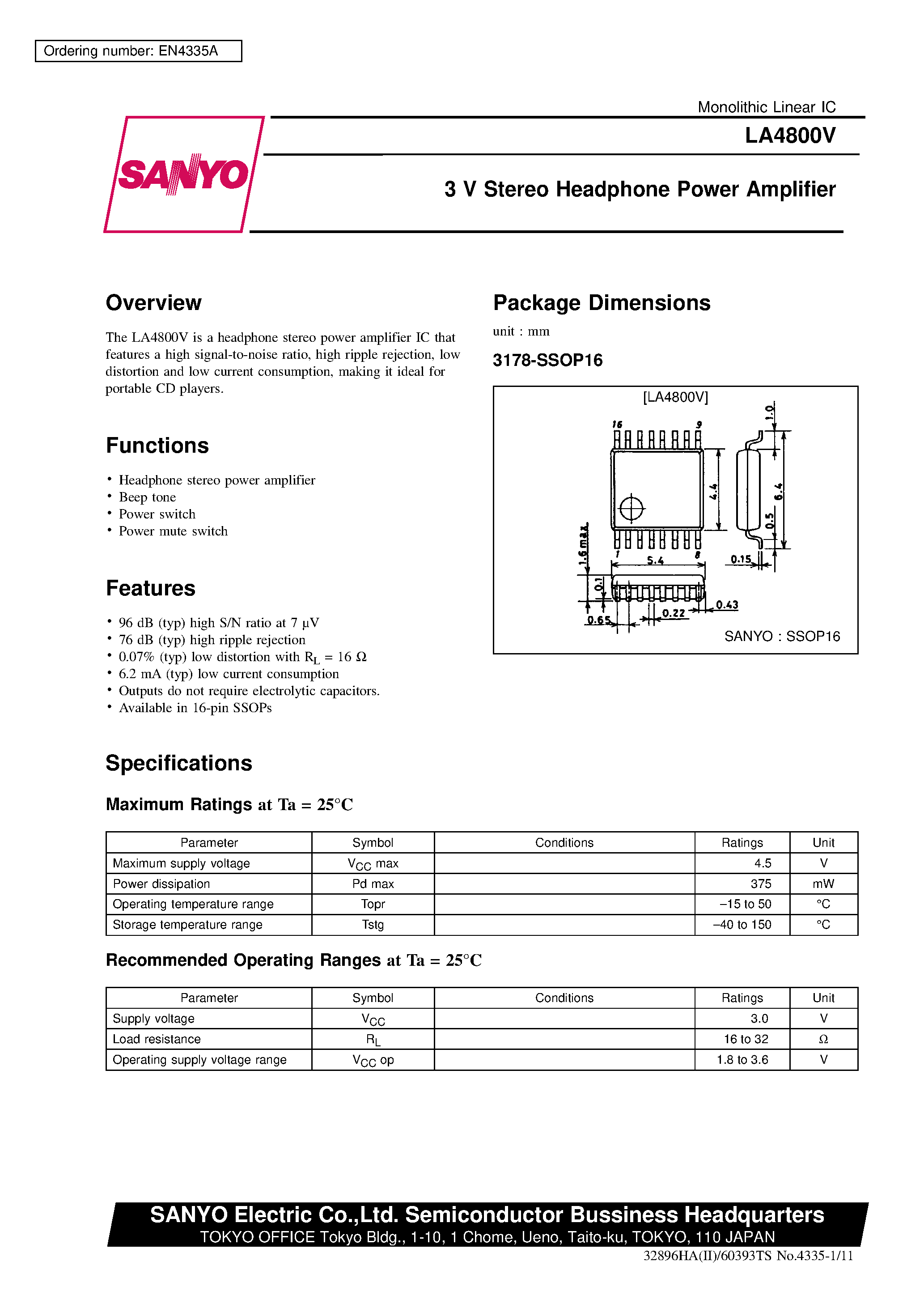 Datasheet LA4800 page 1 Datasheet LA4800 - 3 V Stereo Headphone Power Amplifier page 1
