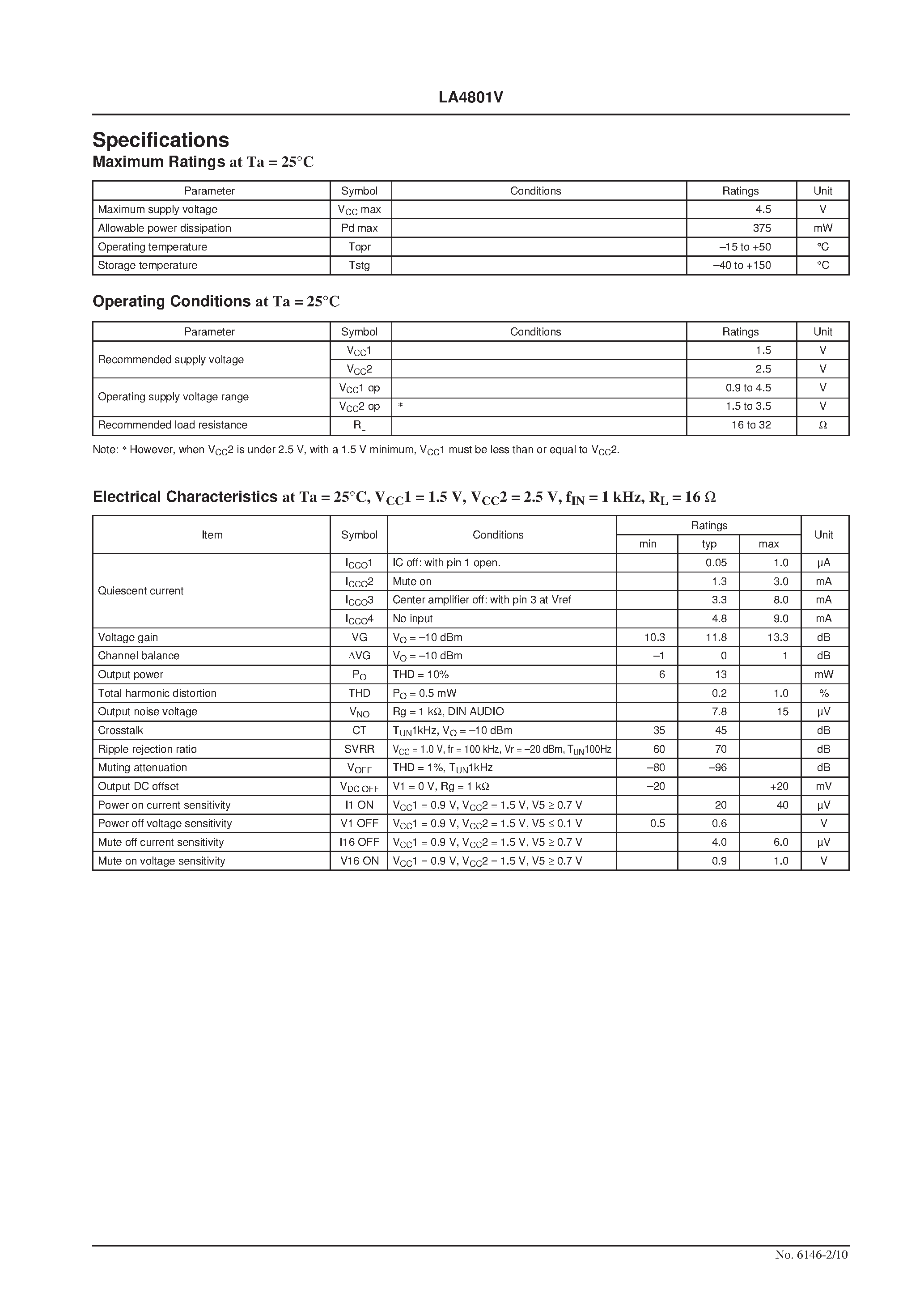 Даташит LA4801V - Headphone Stereo Power Amplifier страница 2