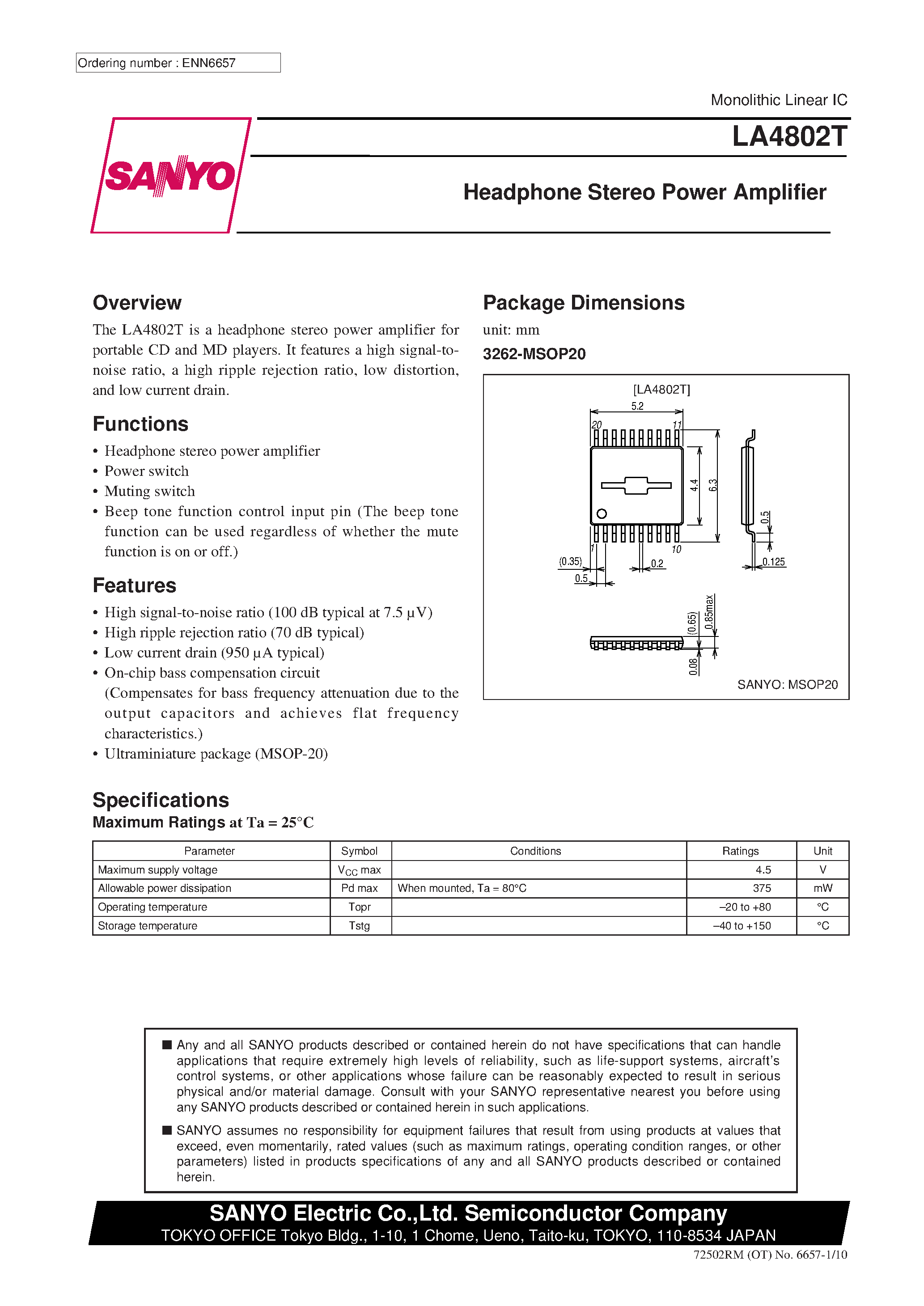 Даташит LA4802T - Headphone Stereo Power Amplifier страница 1