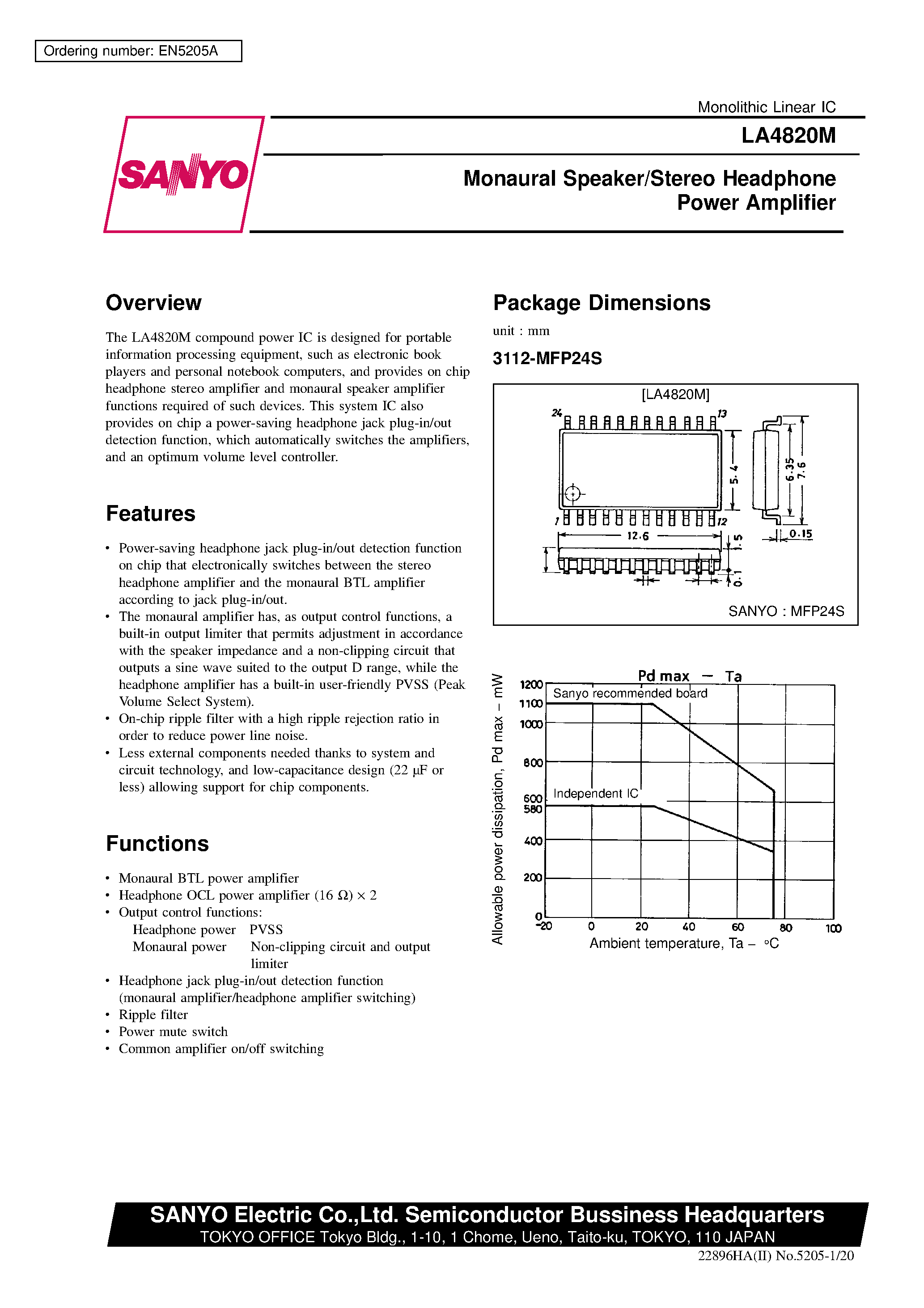 Даташит LA4820M - Monaural Speaker/Stereo Headphone Power Amplifier страница 1