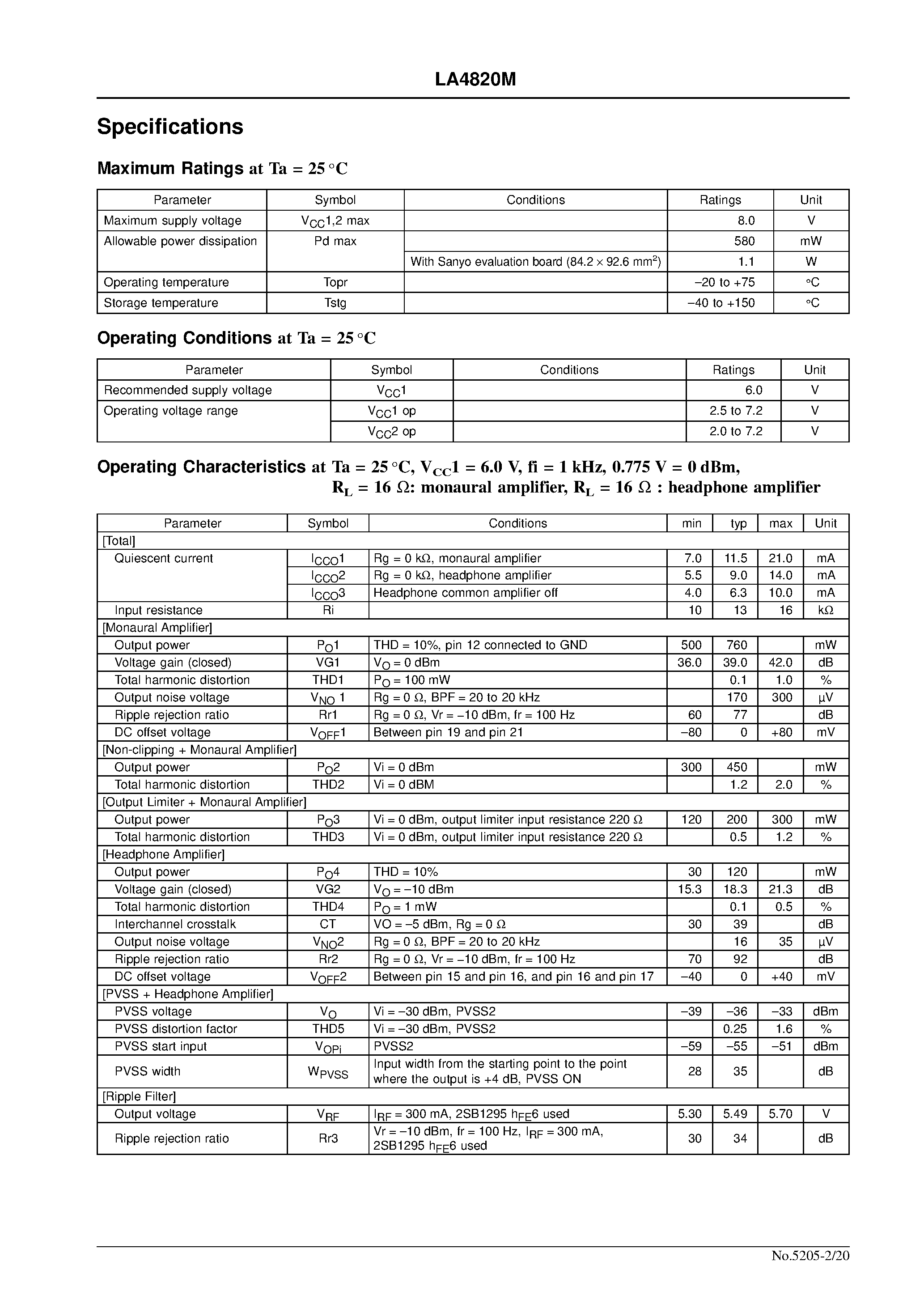 Даташит LA4820M - Monaural Speaker/Stereo Headphone Power Amplifier страница 2