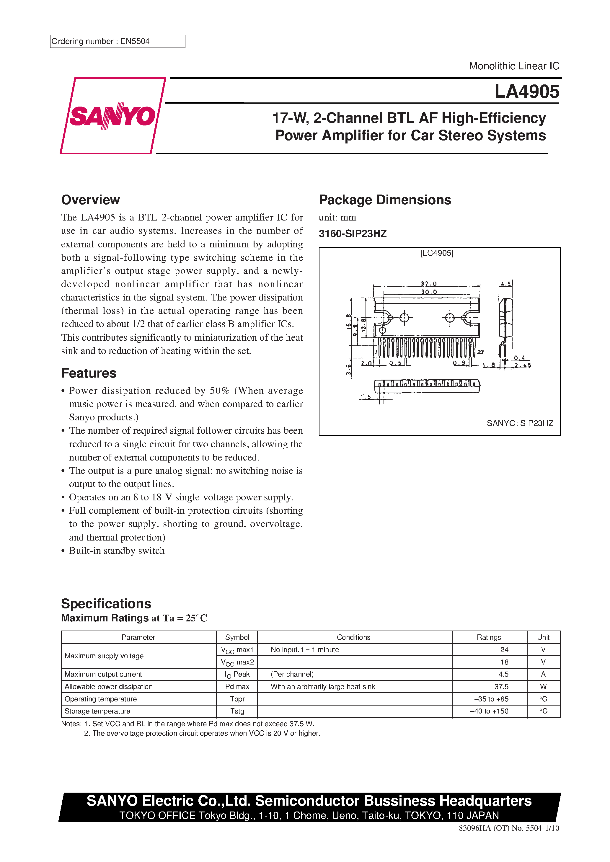 Datasheet LA4905 page 1 Datasheet LA4905 - 17-W / 2-Channel BTL AF High-Efficiency Power Amplifier for Car Stereo Systems page 1