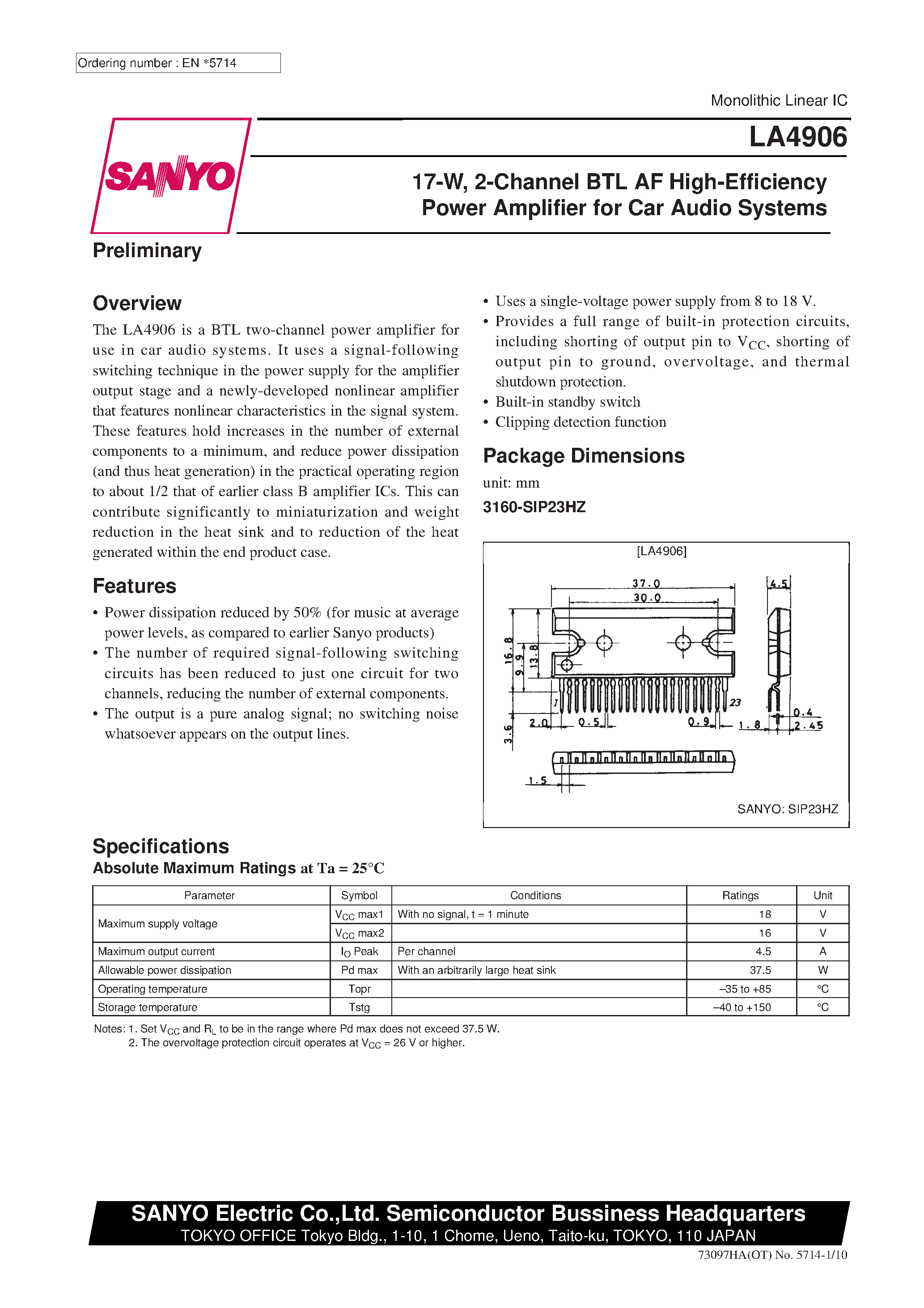 Datasheet LA4906 page 1 Datasheet LA4906 - 17-W / 2-Channel BTL AF High-Efficiency Power Amplifier for Car Audio Systems page 1