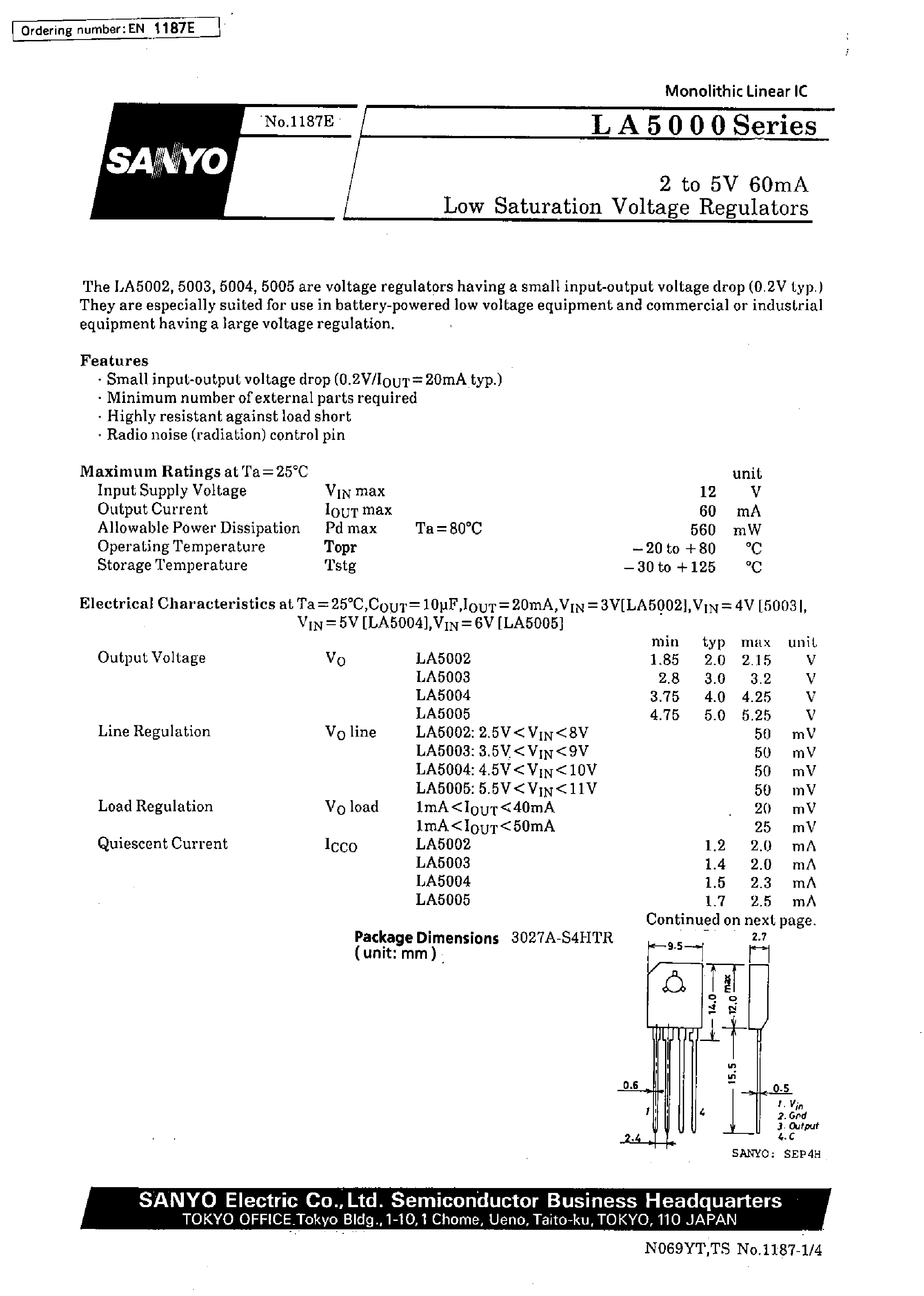 Datasheet LA5005 page 1 Datasheet LA5005 - 2 to 5V 60mA Low Saturation Voltage Regulators page 1