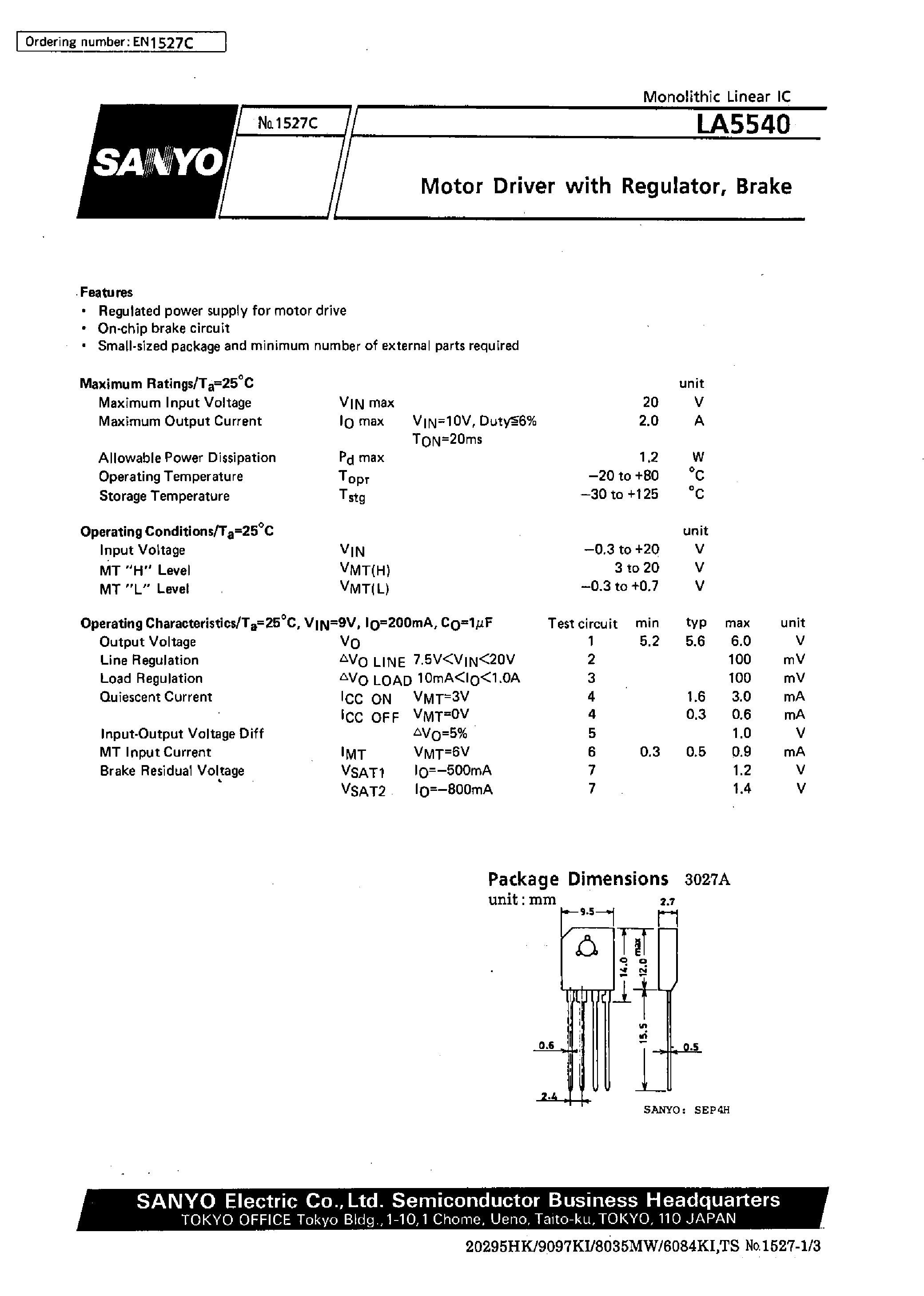 Даташит на микросхему LA5540 страница 1 Даташит LA5540 - Motor Driver with Regulator / Brake страница 1