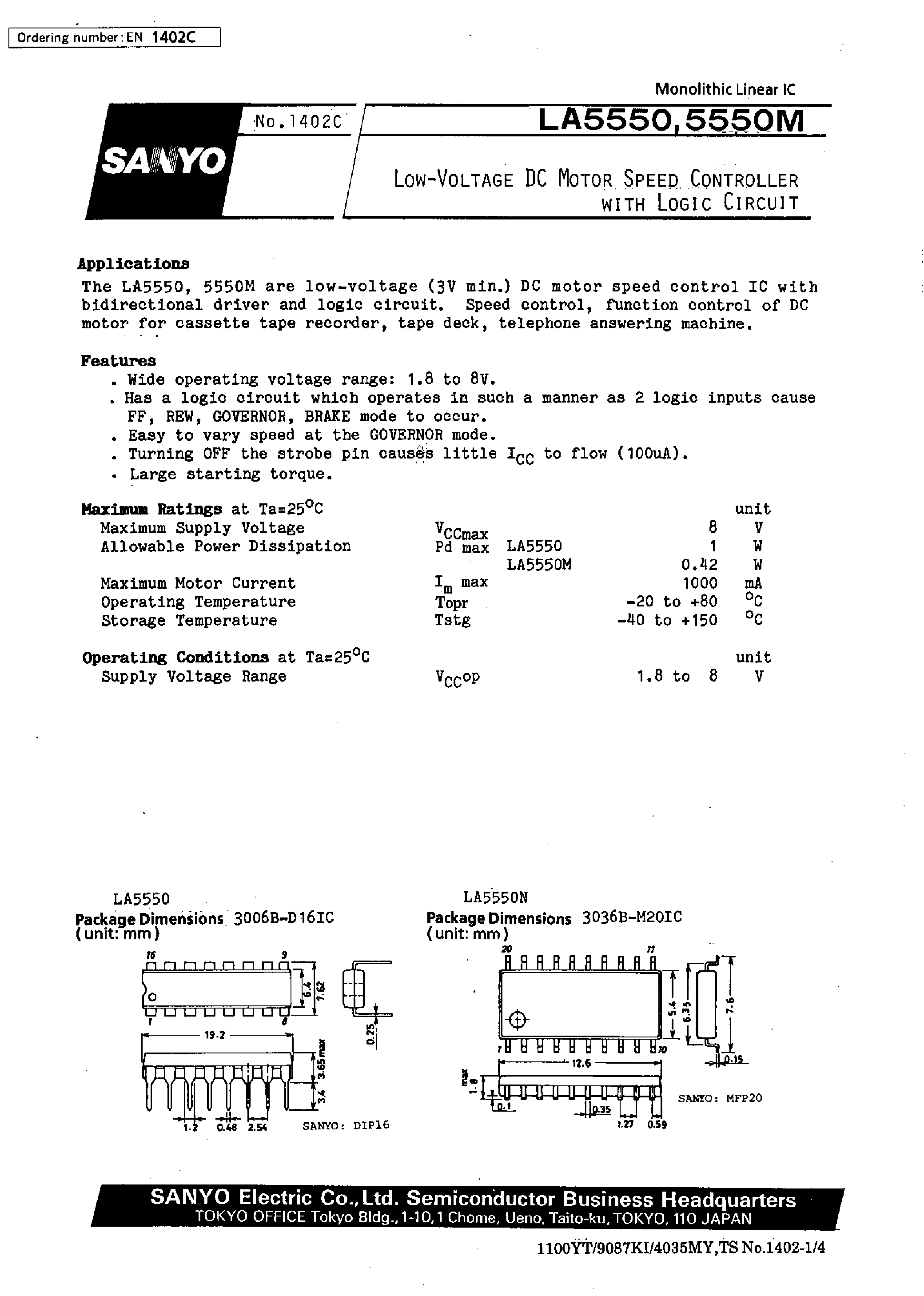 Datasheet LA5550 - Low-Voltage DC Motor Speed Controller with Logic Circuit page 1