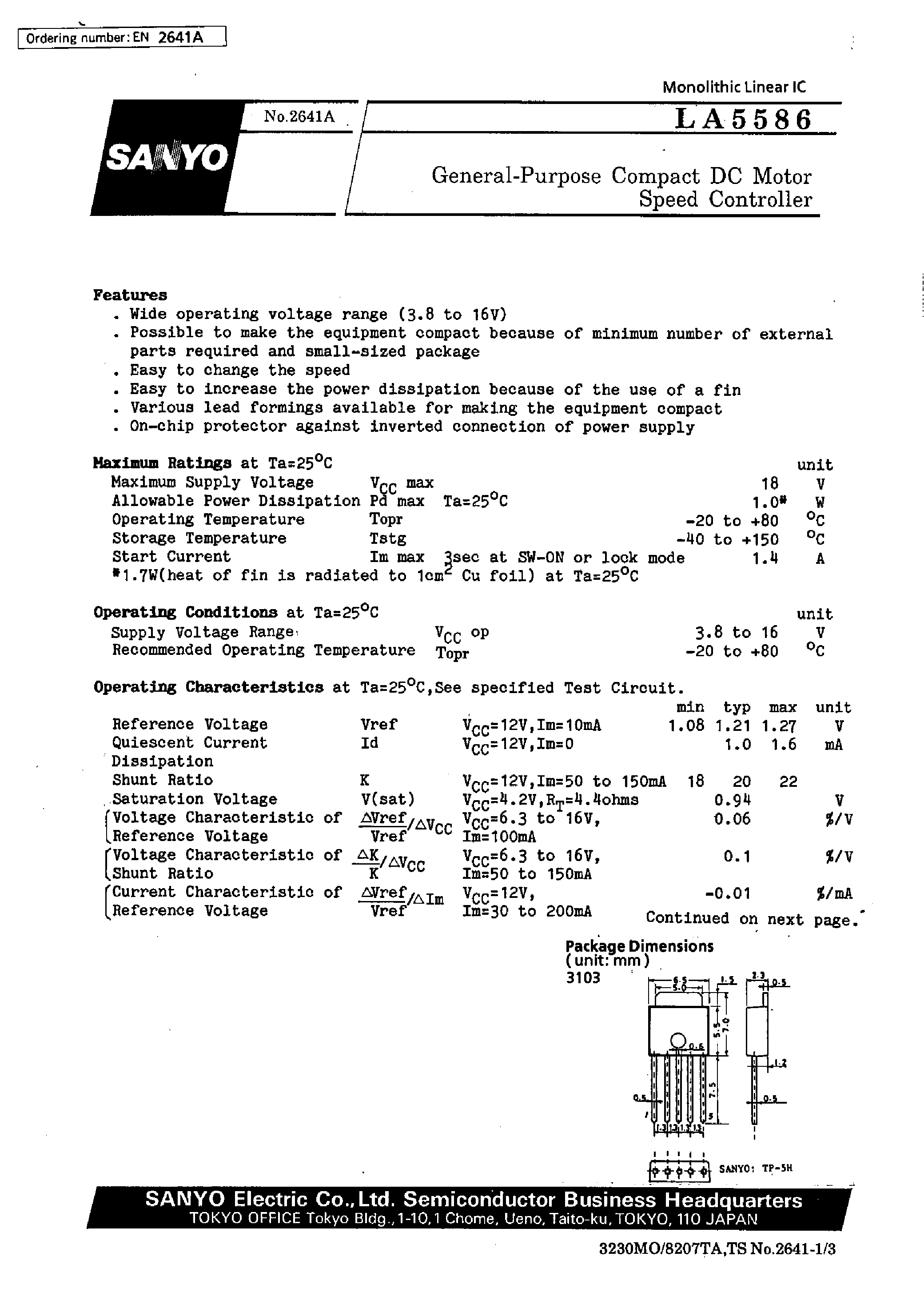 Datasheet LA5586 - General-Purpose Compact DC Motor Speed Controller page 1