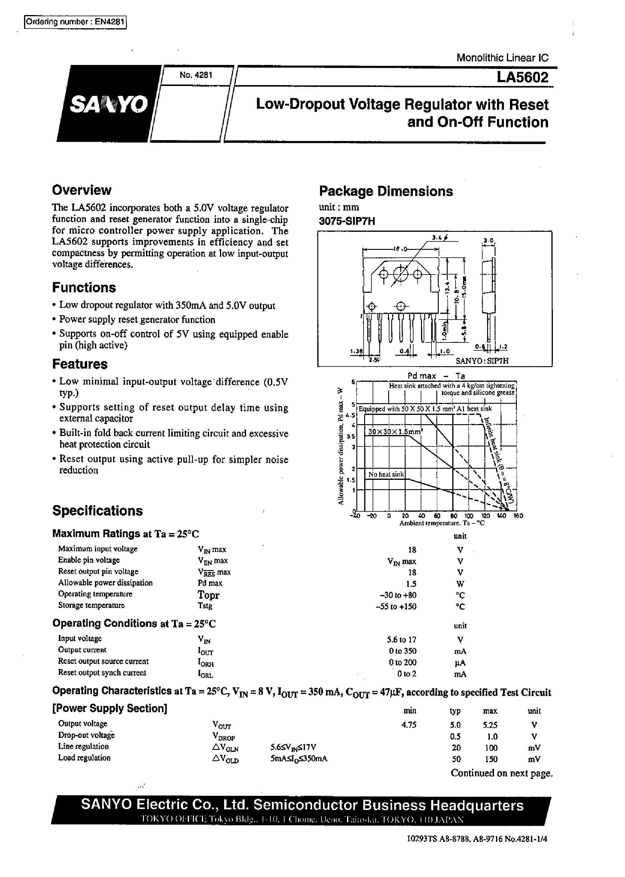 Даташит LA5602 - Low-Dropout Voltage Regulator with Reset and On-Off Function страница 1