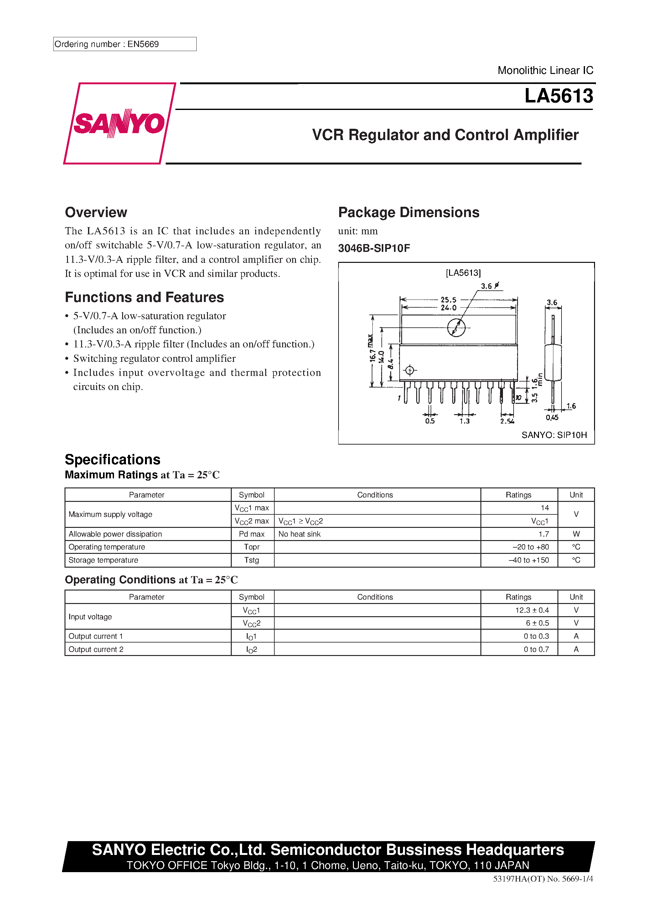Datasheet LA5613 page 1 Datasheet LA5613 - VCR Regulator and Control Amplifier page 1