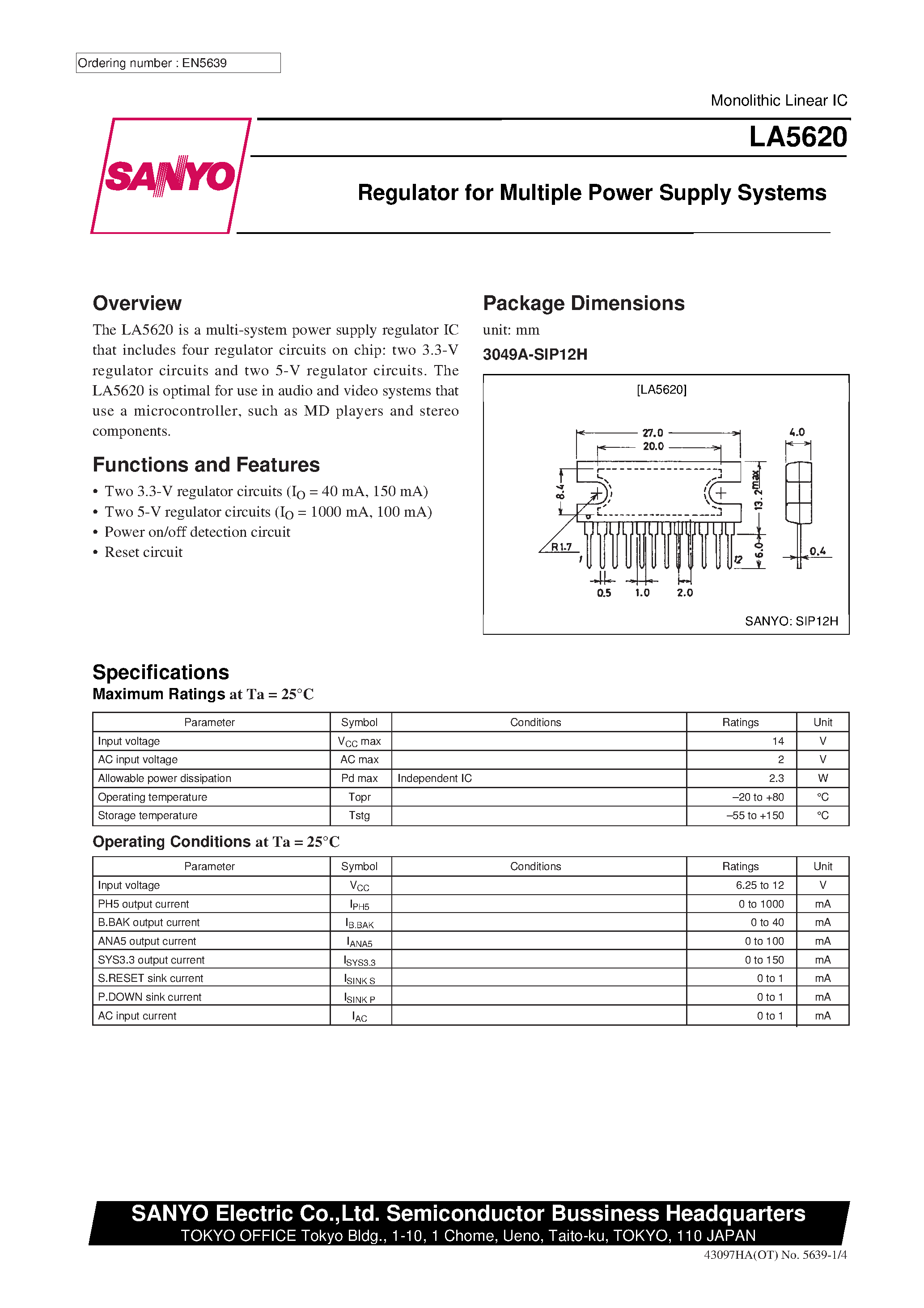Даташит LA5620 - Regulator for Multiple Power Supply Systems страница 1