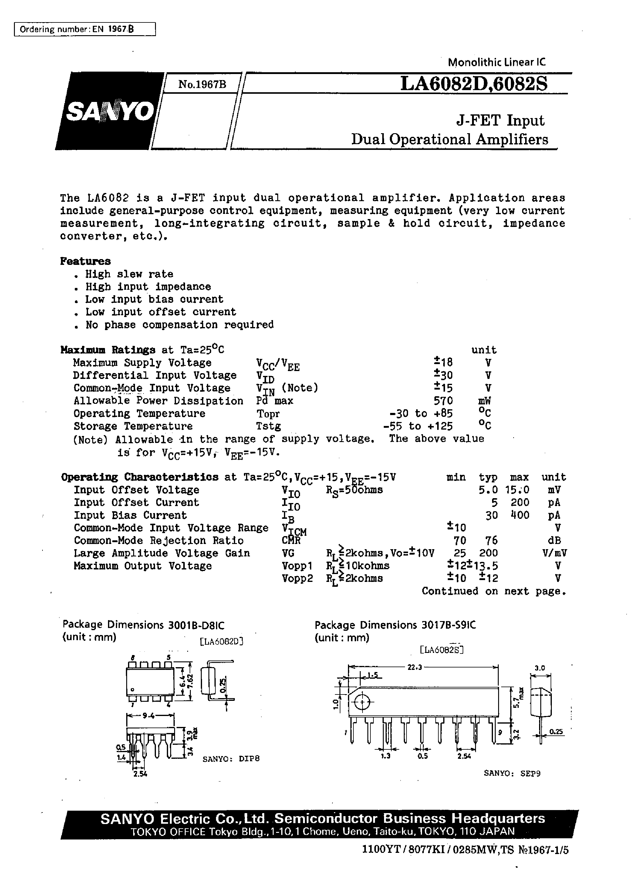 Datasheet LA6082D - J-FET Input Dual Operational Amplifiers page 1