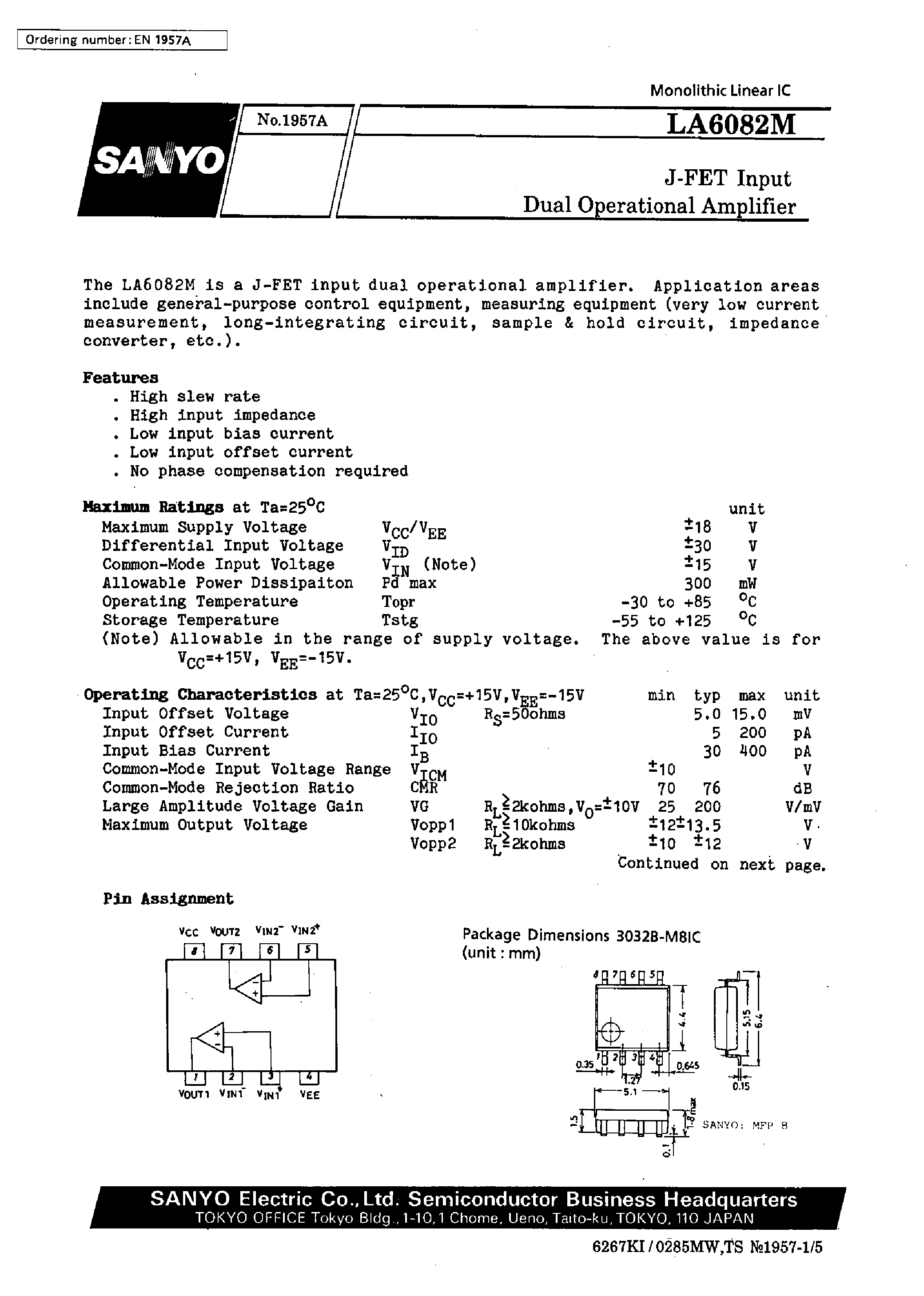 Datasheet LA6082M page 1 Datasheet LA6082M - J-FET Input Dual Operational Amplifier page 1