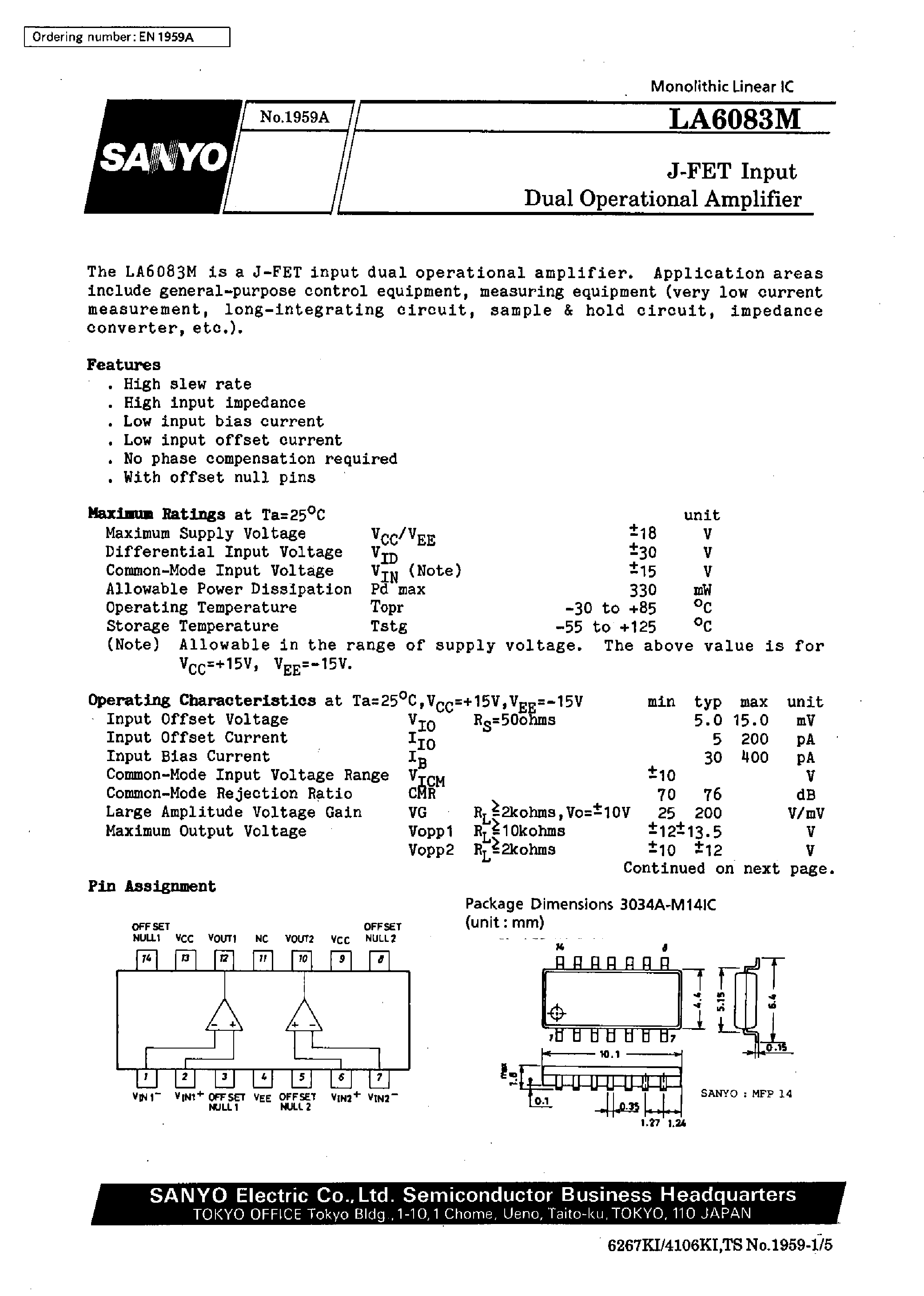 Datasheet LA6083M - J-FET Input Dual Operational Amplifier page 1