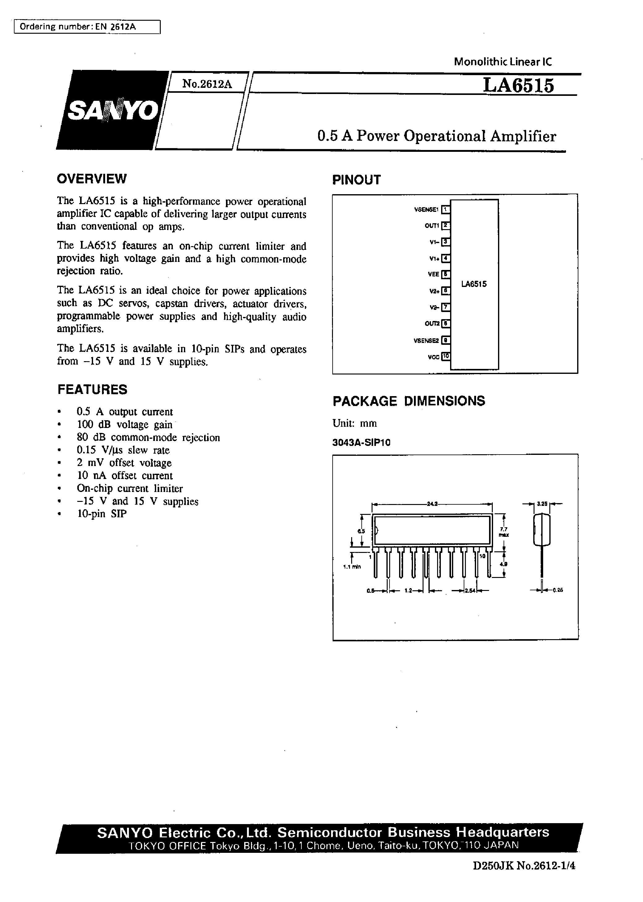 Datasheet LA6515 - 0.5A Power Operational Amplifier page 1